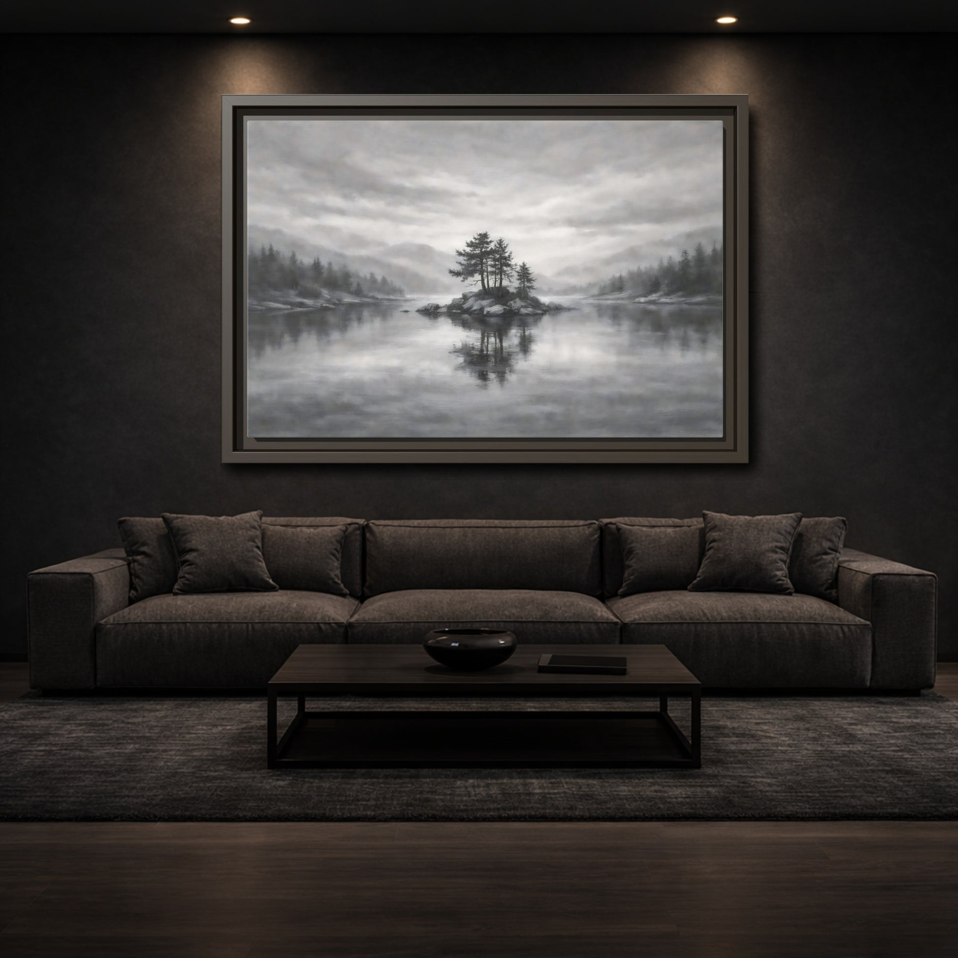 Mockup 2. Nature Lake Island Monochrome Lake shown as stretched canvas wall art