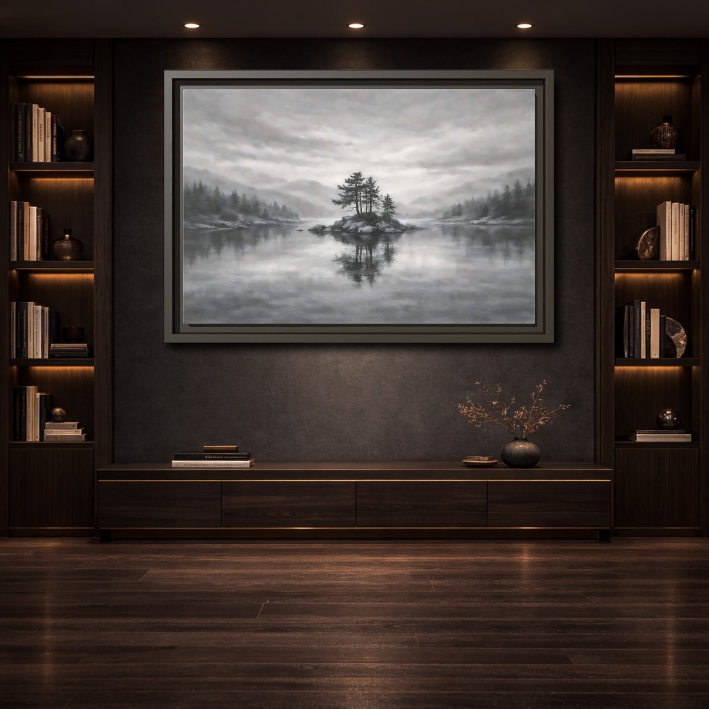 Mockup 3. Nature Lake Island Monochrome Lake shown as stretched canvas wall art