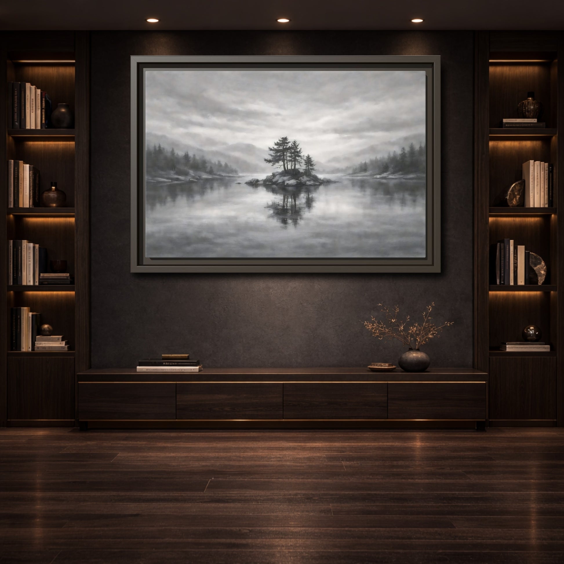 Mockup 3. Nature Lake Island Monochrome Lake shown as stretched canvas wall art