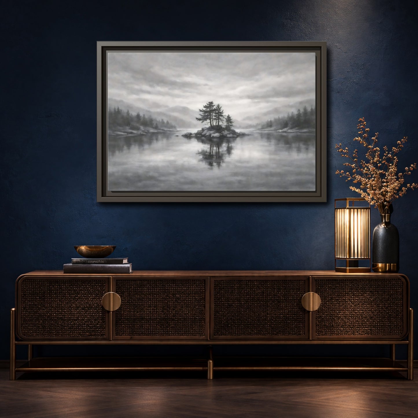 Mockup 4. Nature Lake Island Monochrome Lake shown as stretched canvas wall art