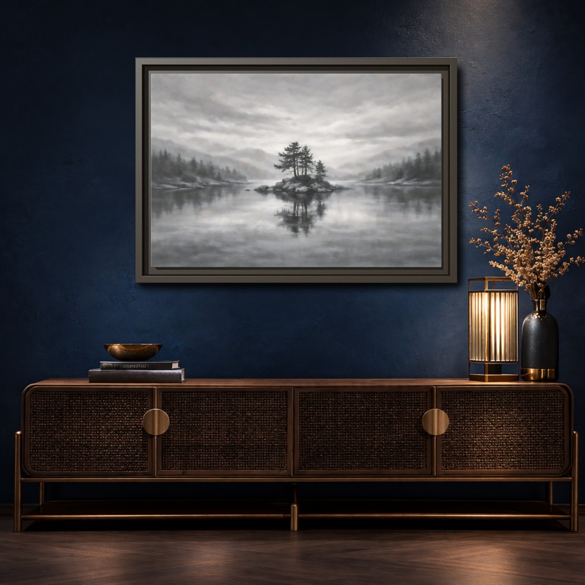 Mockup 4. Nature Lake Island Monochrome Lake shown as stretched canvas wall art