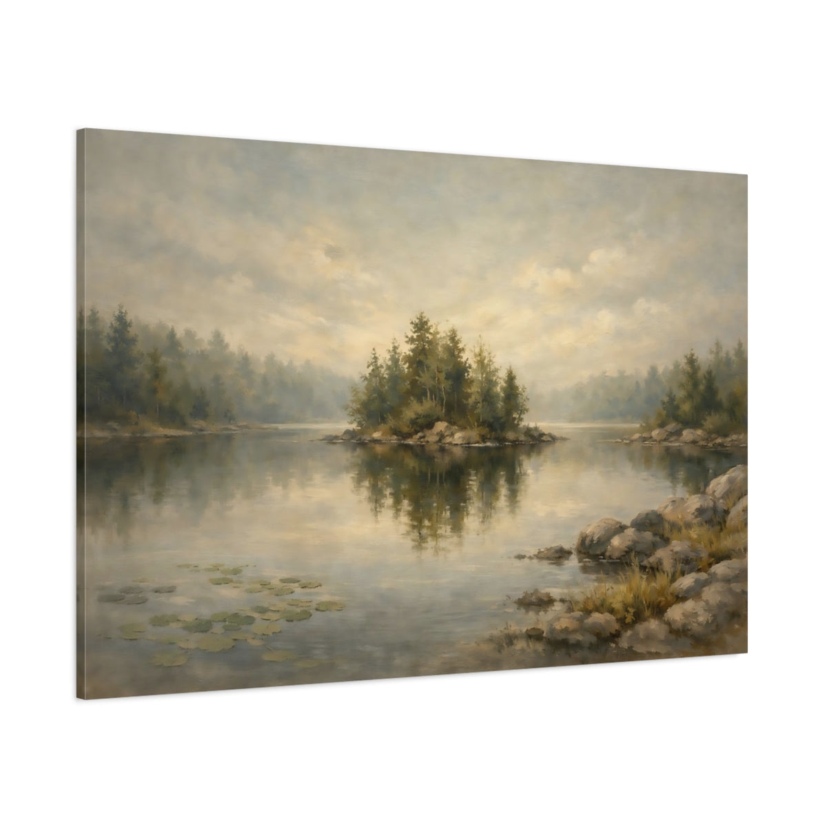 Main Mockup. Nature Lake Island Muted Landscape shown as stretched canvas wall art