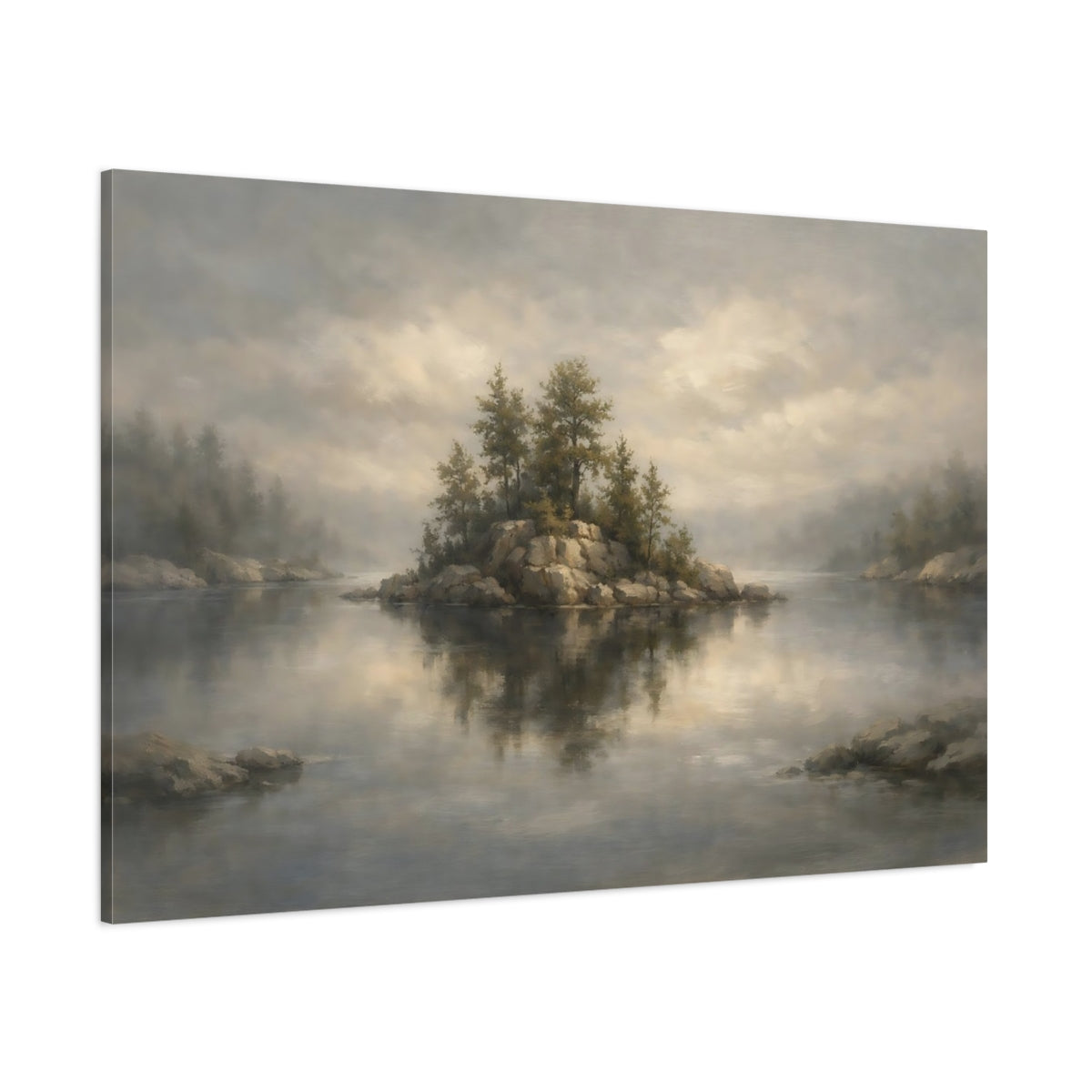 Main Mockup. Nature Lake Island Muted Landscape shown as stretched canvas wall art