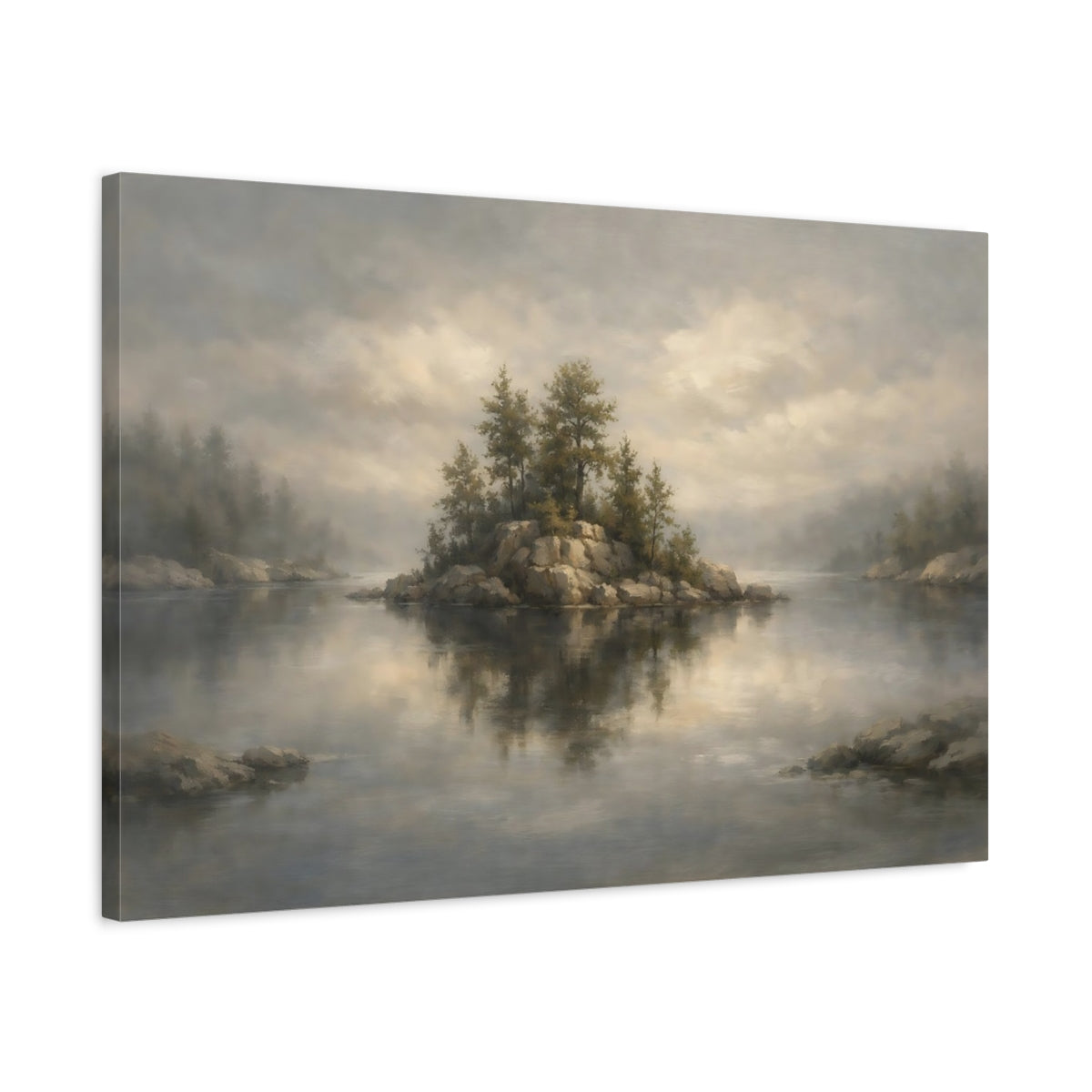 Side Mockup 2. Nature Lake Island Muted Landscape shown as stretched canvas wall art