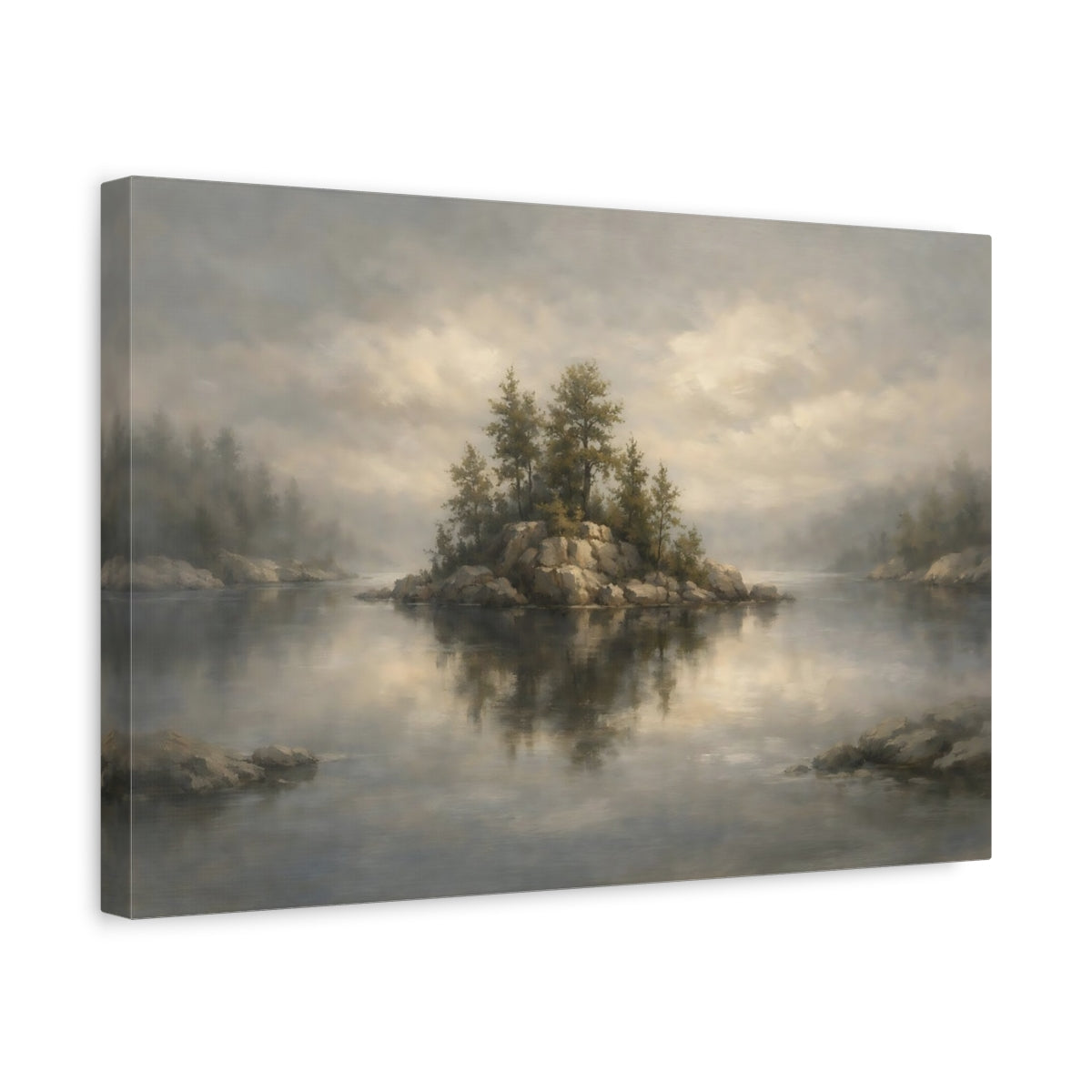 Side Mockup 4. Nature Lake Island Muted Landscape shown as stretched canvas wall art