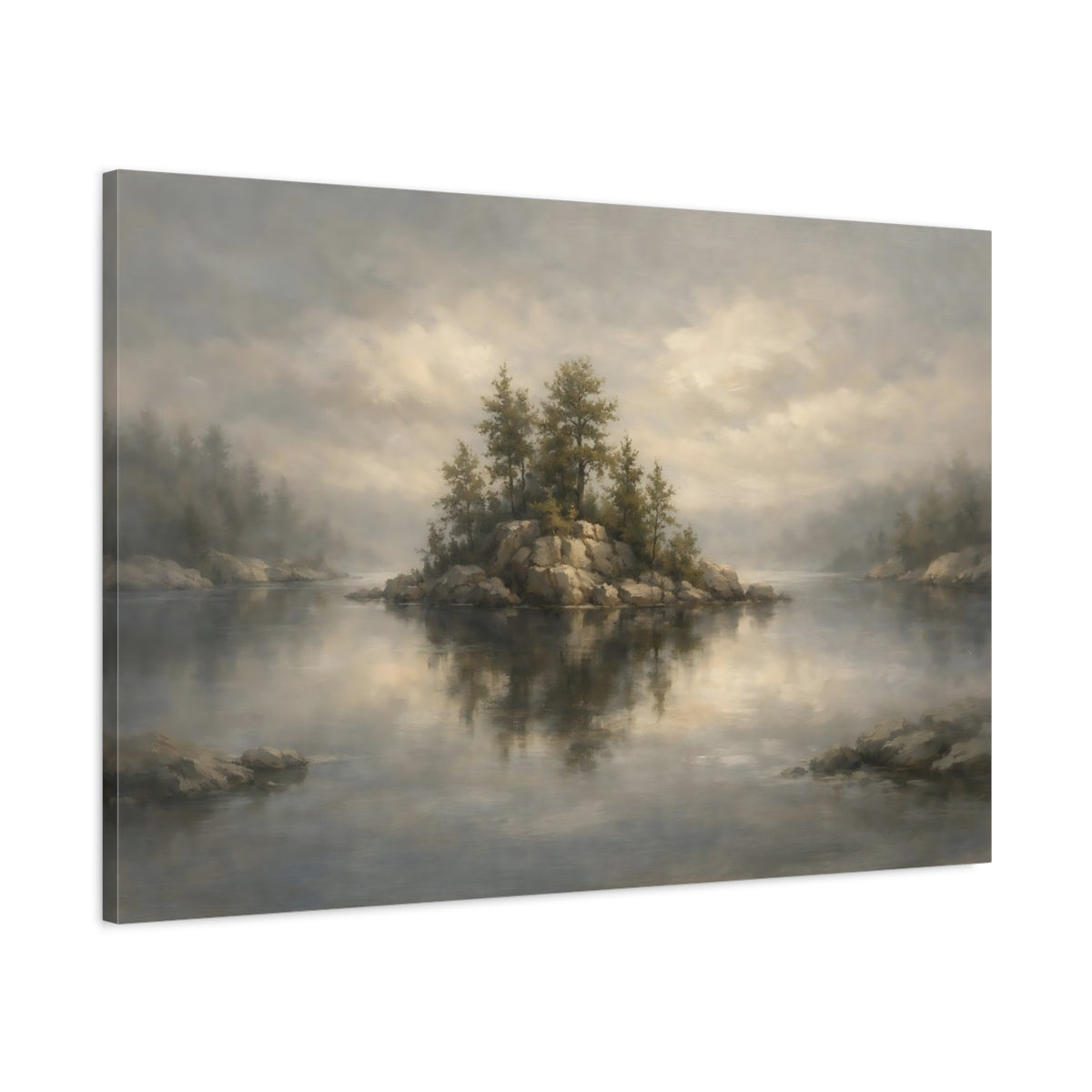 Side Mockup 1. Nature Lake Island Muted Landscape shown as stretched canvas wall art