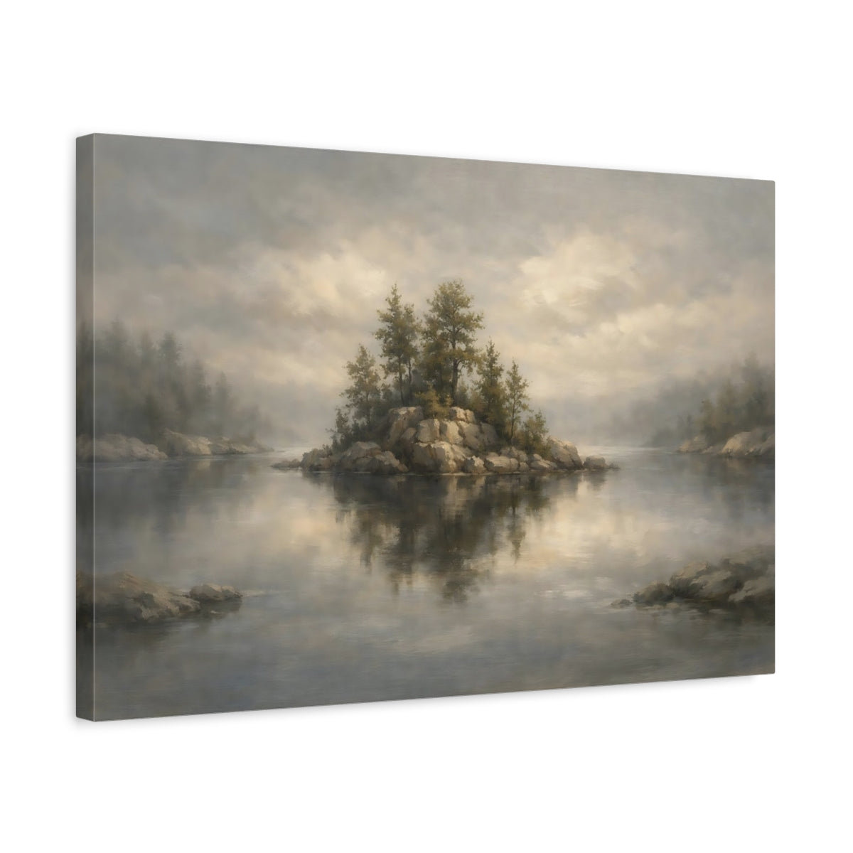 Side Mockup 3. Nature Lake Island Muted Landscape shown as stretched canvas wall art