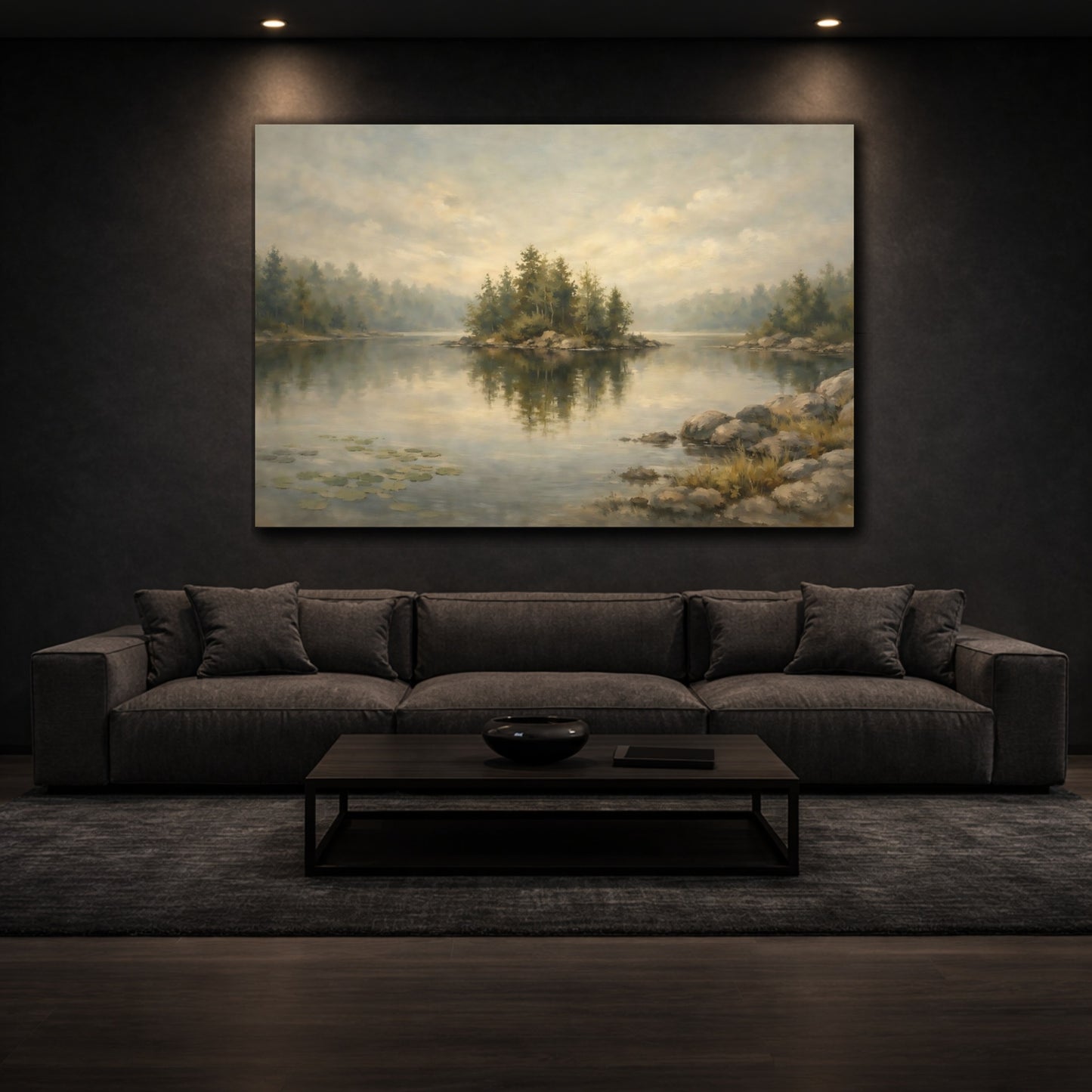 Mockup 2. Nature Lake Island Muted Landscape shown as stretched canvas wall art