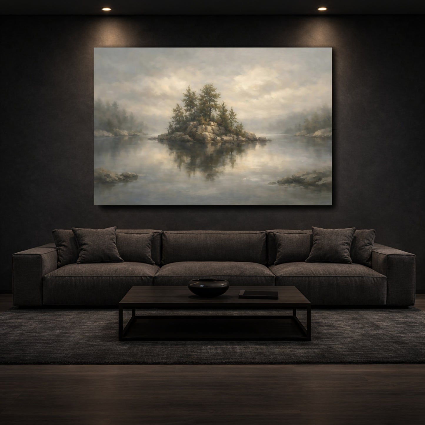 Mockup 2. Nature Lake Island Muted Landscape shown as stretched canvas wall art
