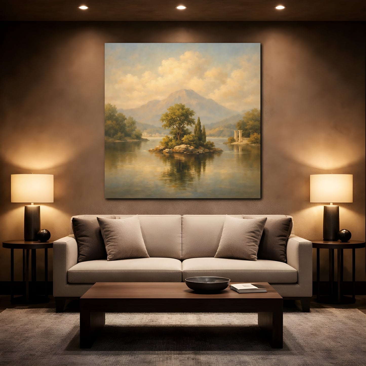 Mockup 2. Nature Lake Island Muted Landscape shown as stretched canvas wall art