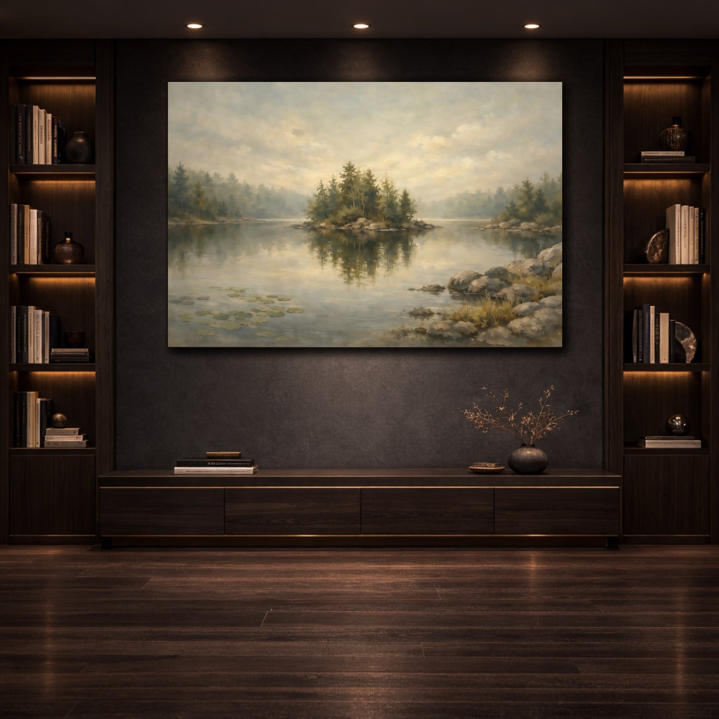 Mockup 3. Nature Lake Island Muted Landscape shown as stretched canvas wall art