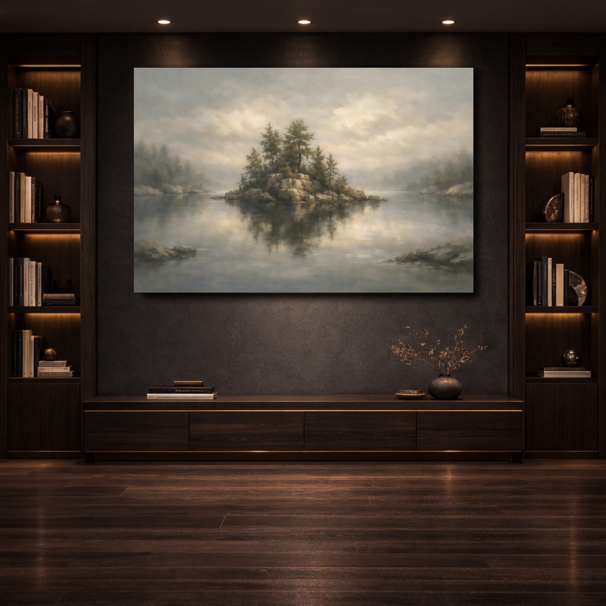 Mockup 3. Nature Lake Island Muted Landscape shown as stretched canvas wall art