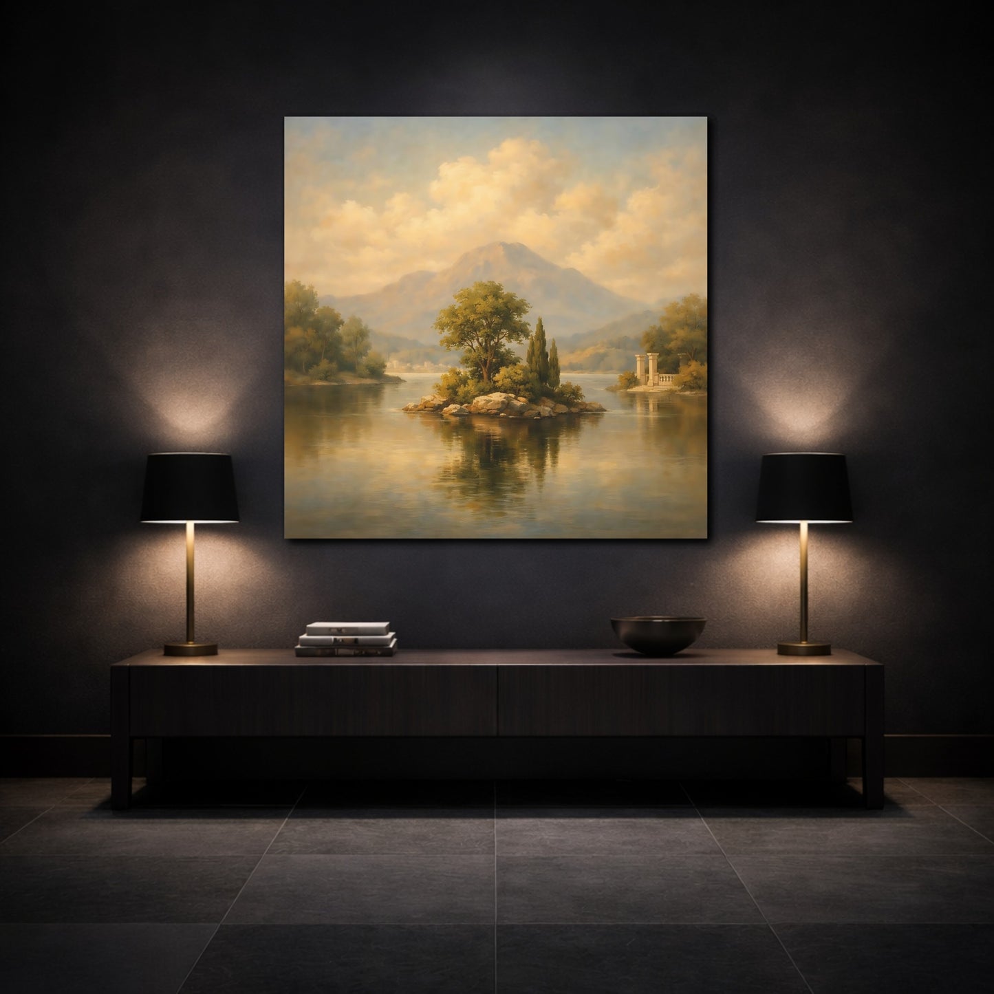 Mockup 3. Nature Lake Island Muted Landscape shown as stretched canvas wall art