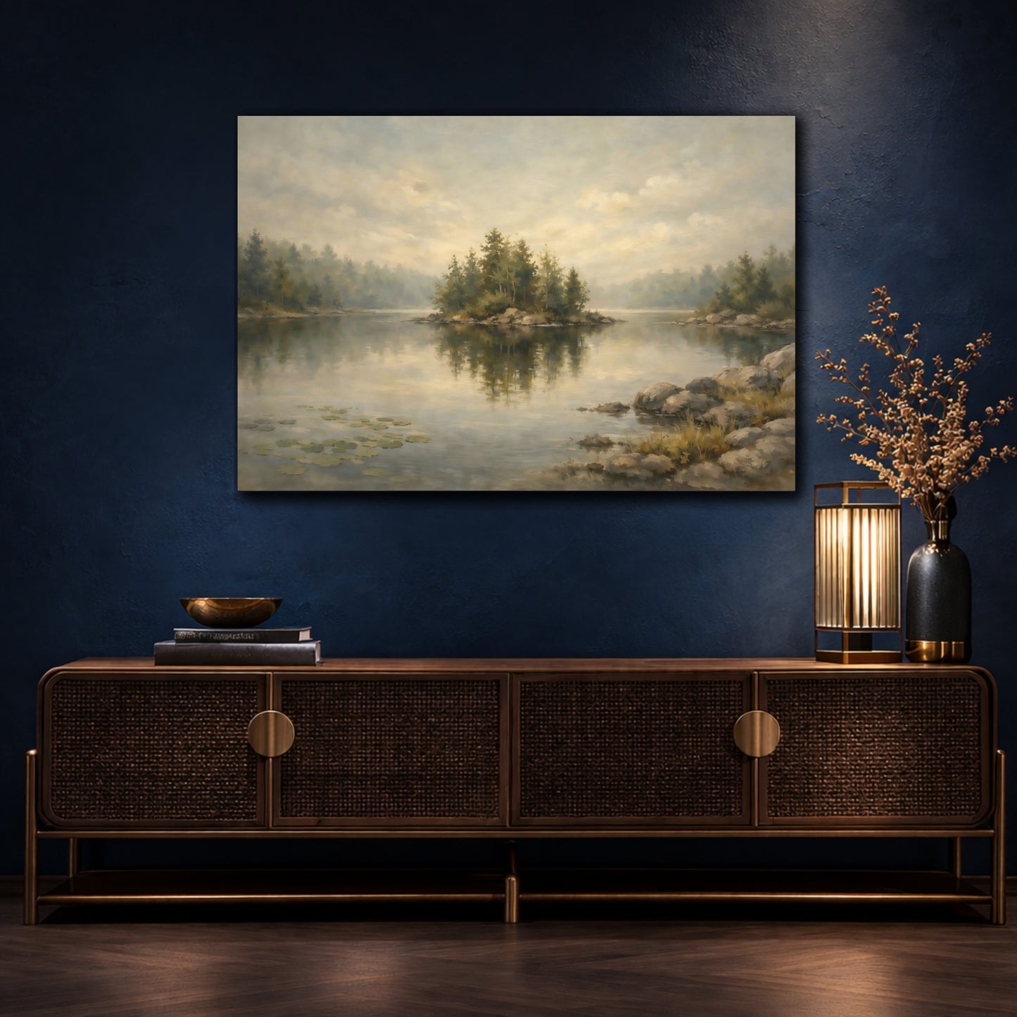 Mockup 4. Nature Lake Island Muted Landscape shown as stretched canvas wall art