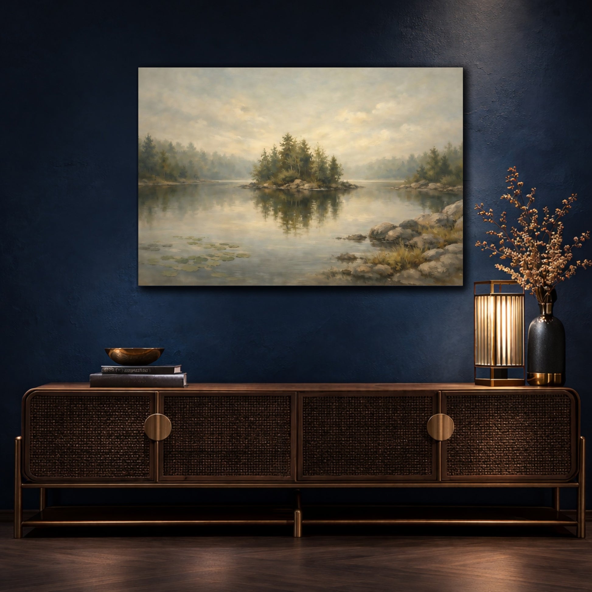 Mockup 4. Nature Lake Island Muted Landscape shown as stretched canvas wall art