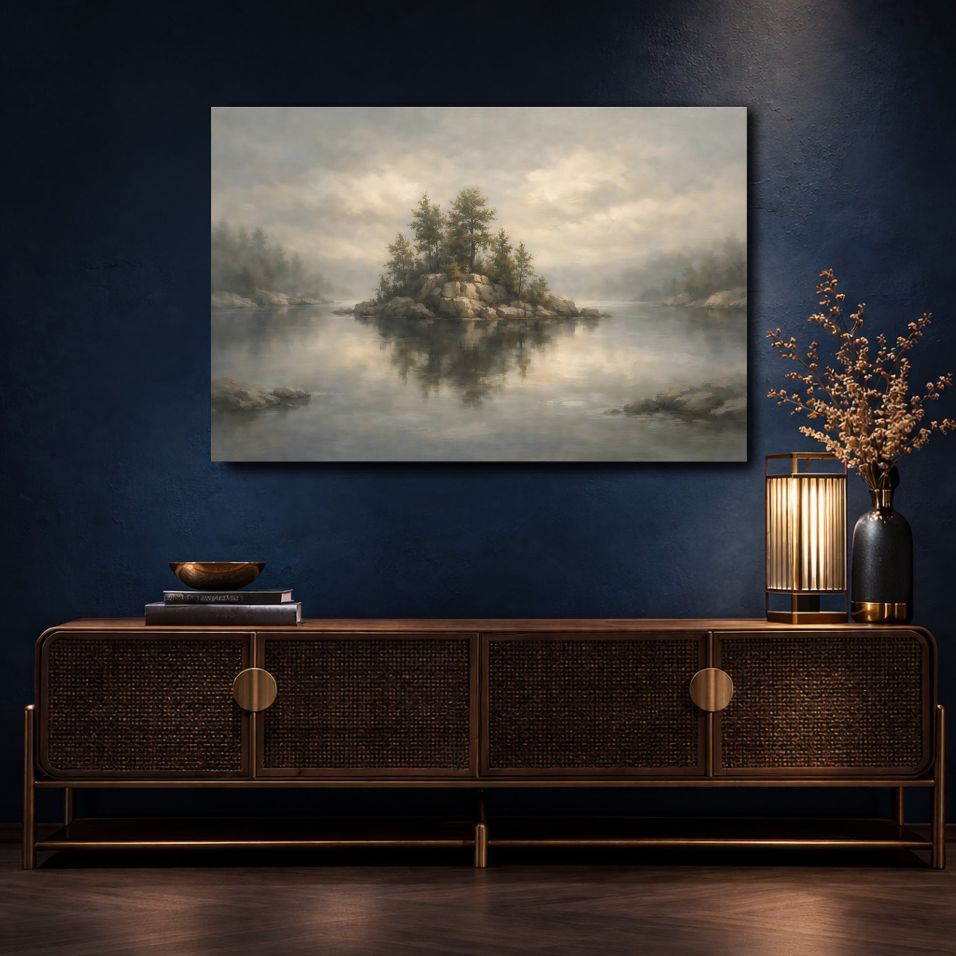 Mockup 4. Nature Lake Island Muted Landscape shown as stretched canvas wall art