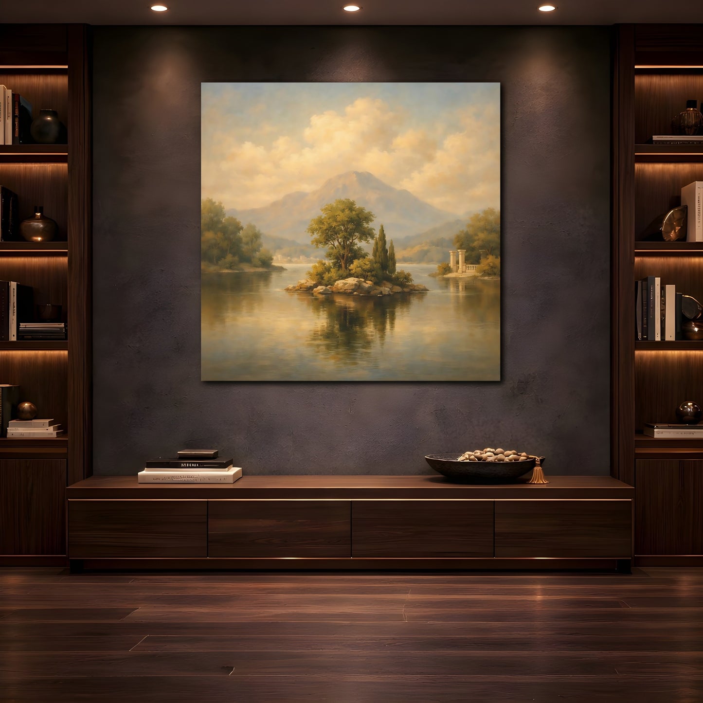Mockup 4. Nature Lake Island Muted Landscape shown as stretched canvas wall art