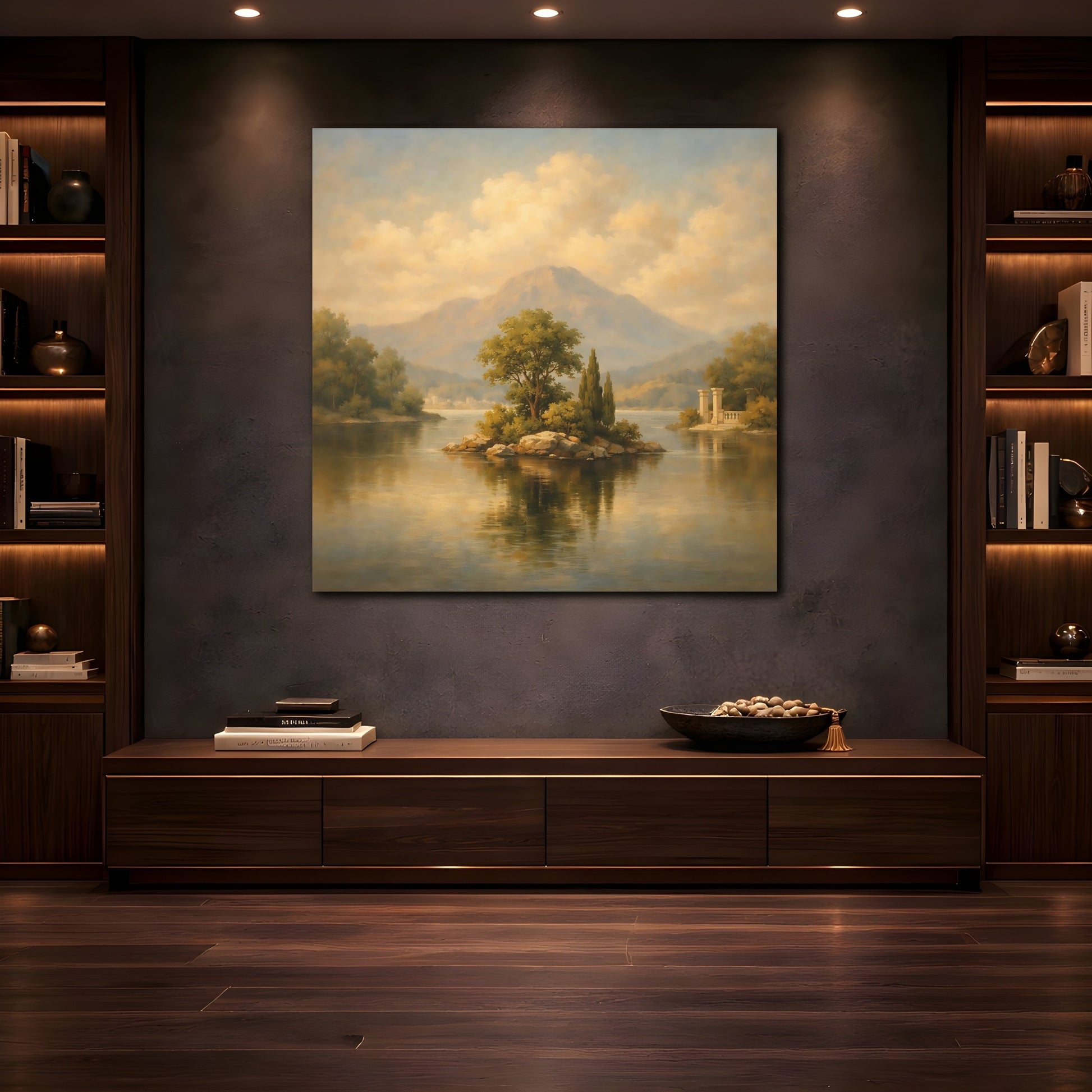 Mockup 4. Nature Lake Island Muted Landscape shown as stretched canvas wall art