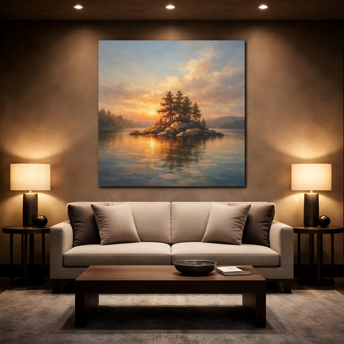 Mockup 2. Nature Lake Island Sunset Lake Island shown as stretched canvas wall art
