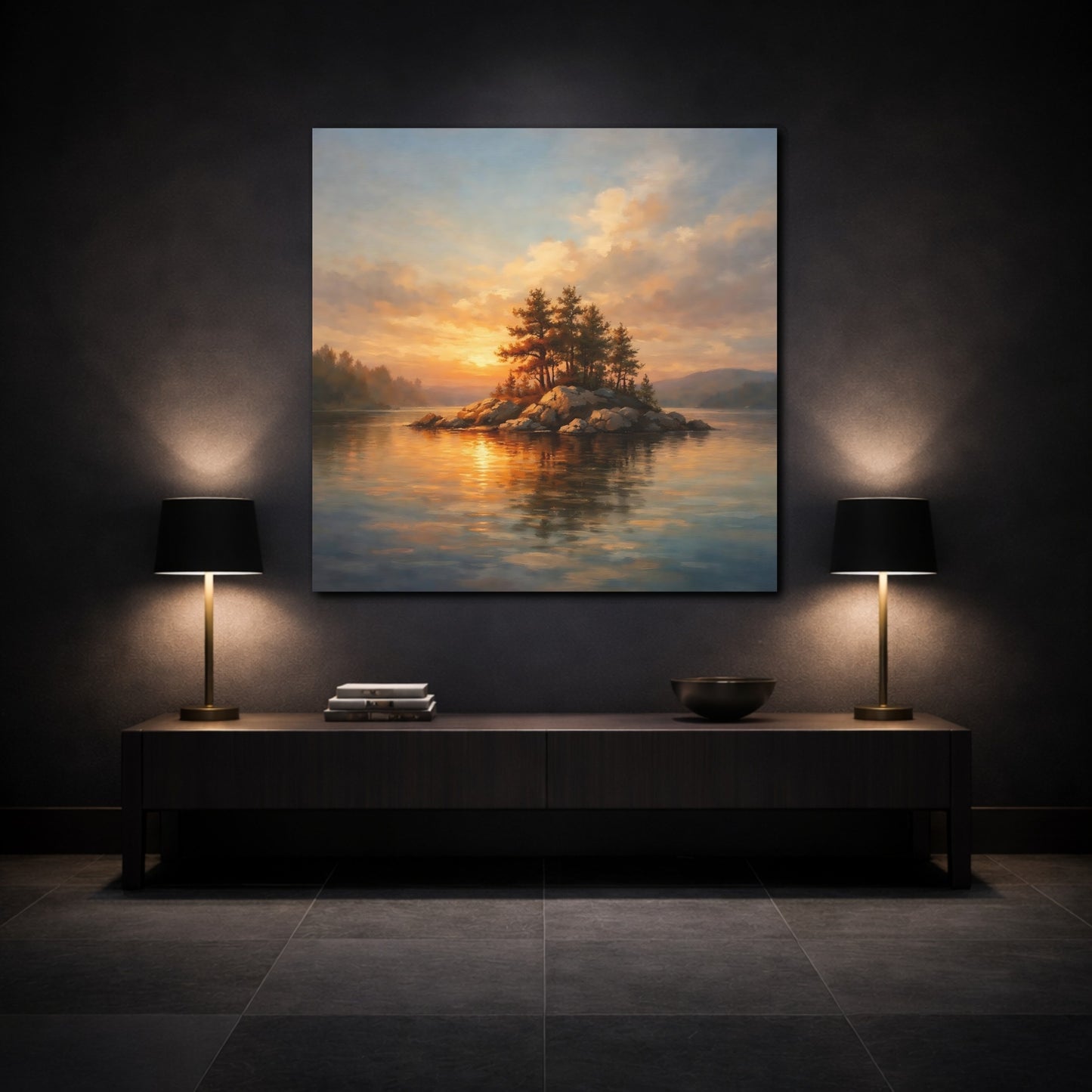 Mockup 3. Nature Lake Island Sunset Lake Island shown as stretched canvas wall art