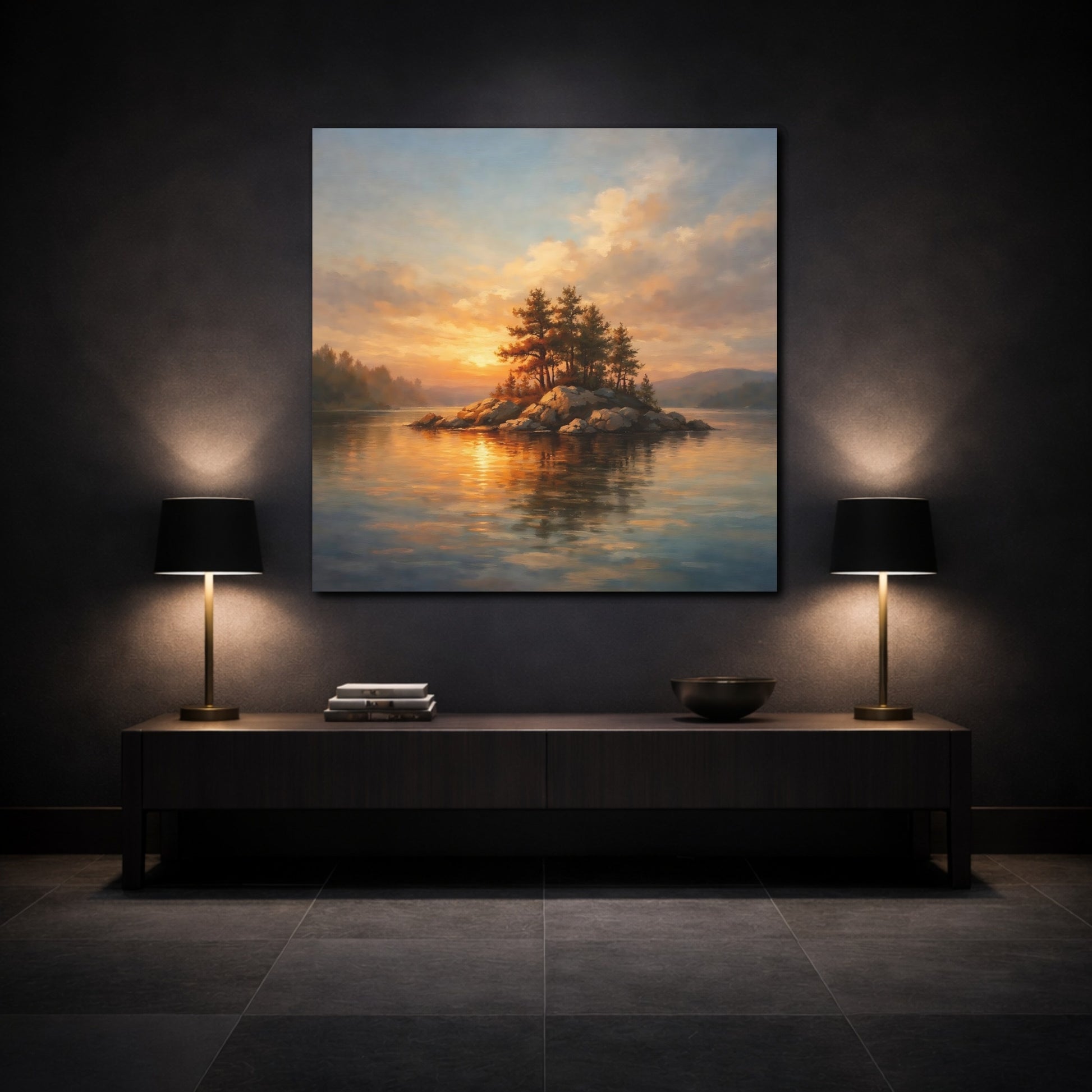 Mockup 3. Nature Lake Island Sunset Lake Island shown as stretched canvas wall art