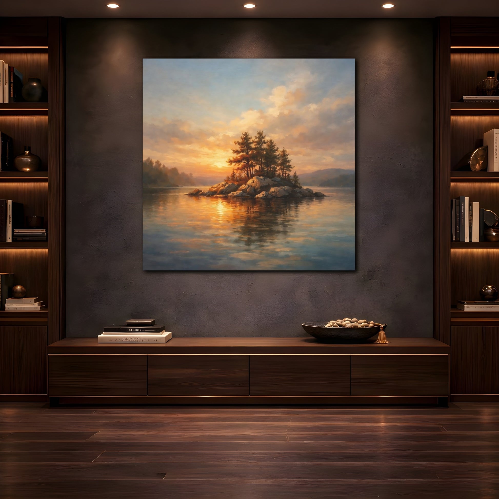 Mockup 4. Nature Lake Island Sunset Lake Island shown as stretched canvas wall art