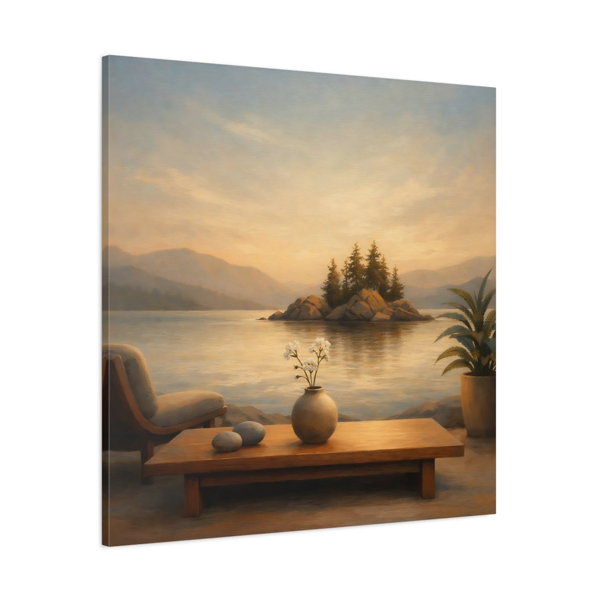 Main Mockup. Nature Lake Island Warm Lake Sunset shown as stretched canvas wall art
