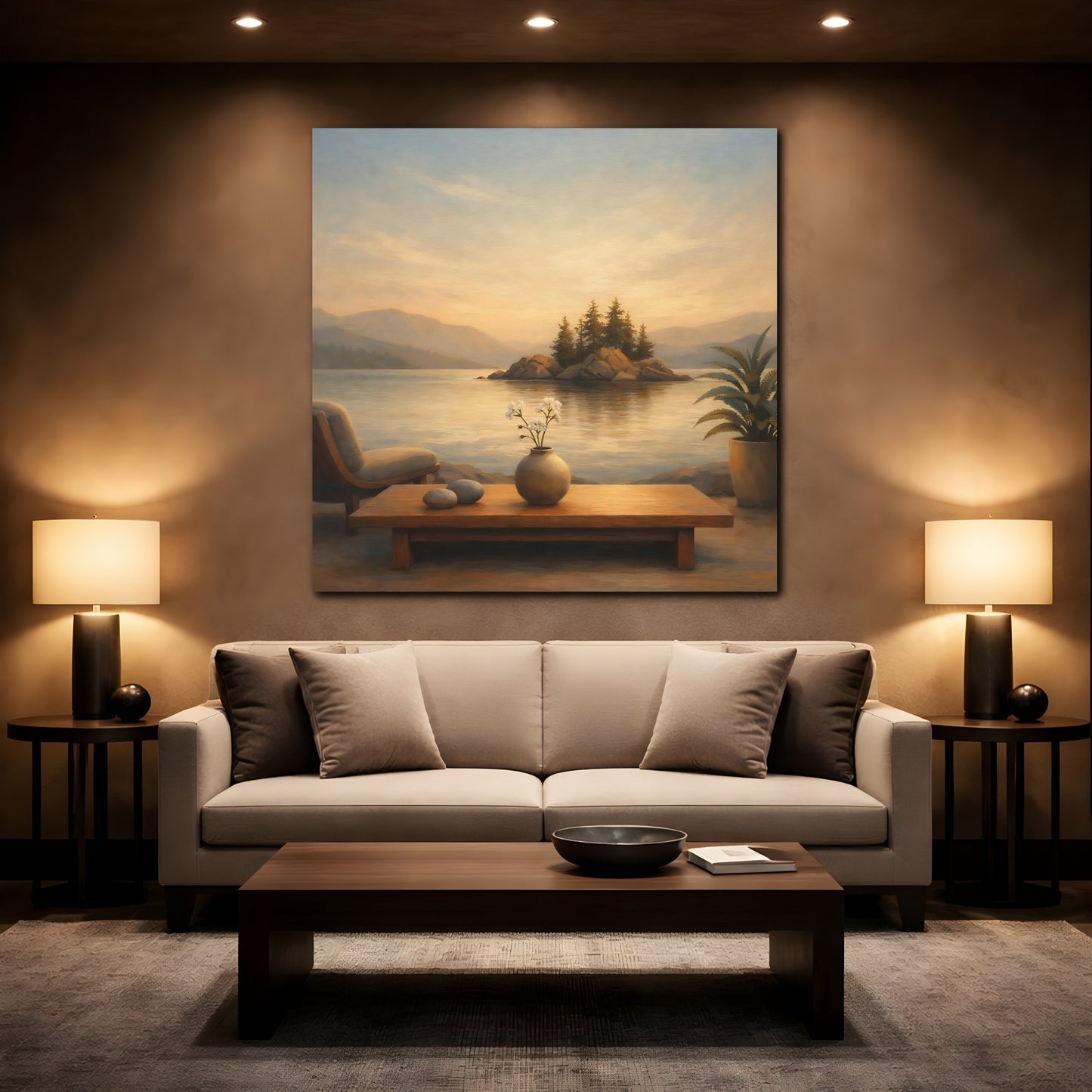 Mockup 2. Nature Lake Island Warm Lake Sunset shown as stretched canvas wall art