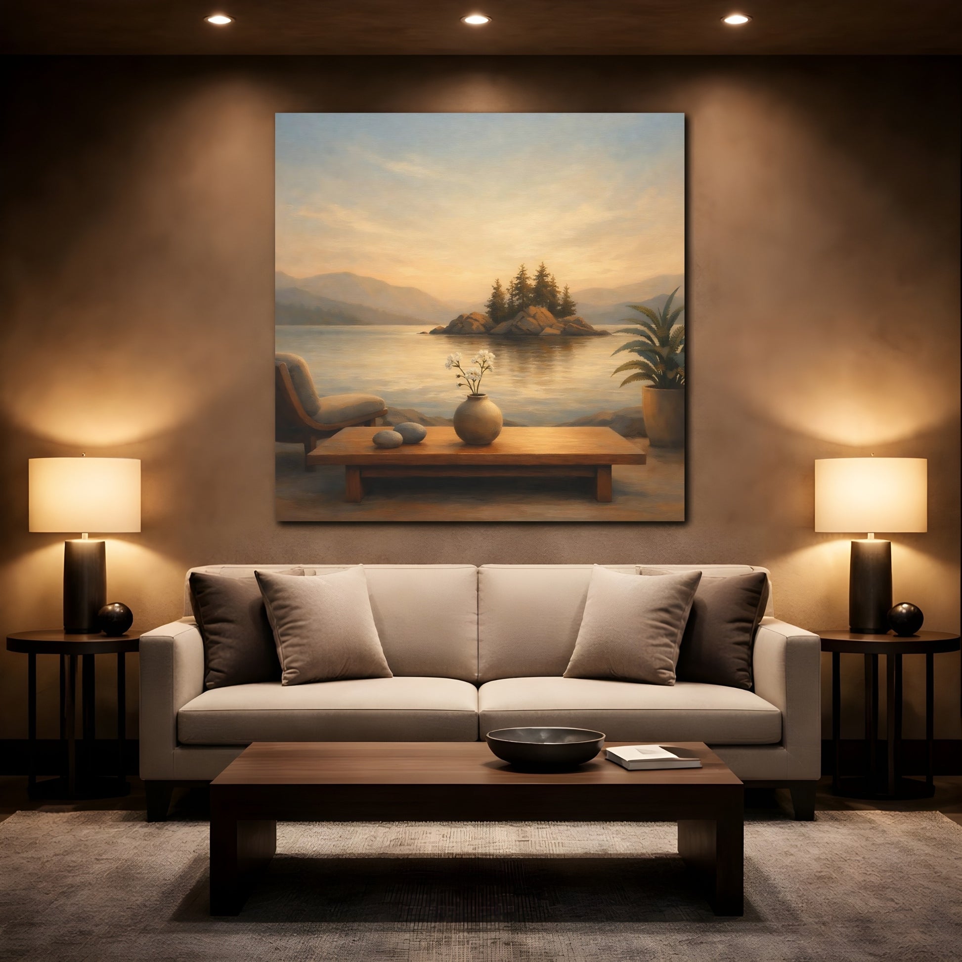 Mockup 2. Nature Lake Island Warm Lake Sunset shown as stretched canvas wall art