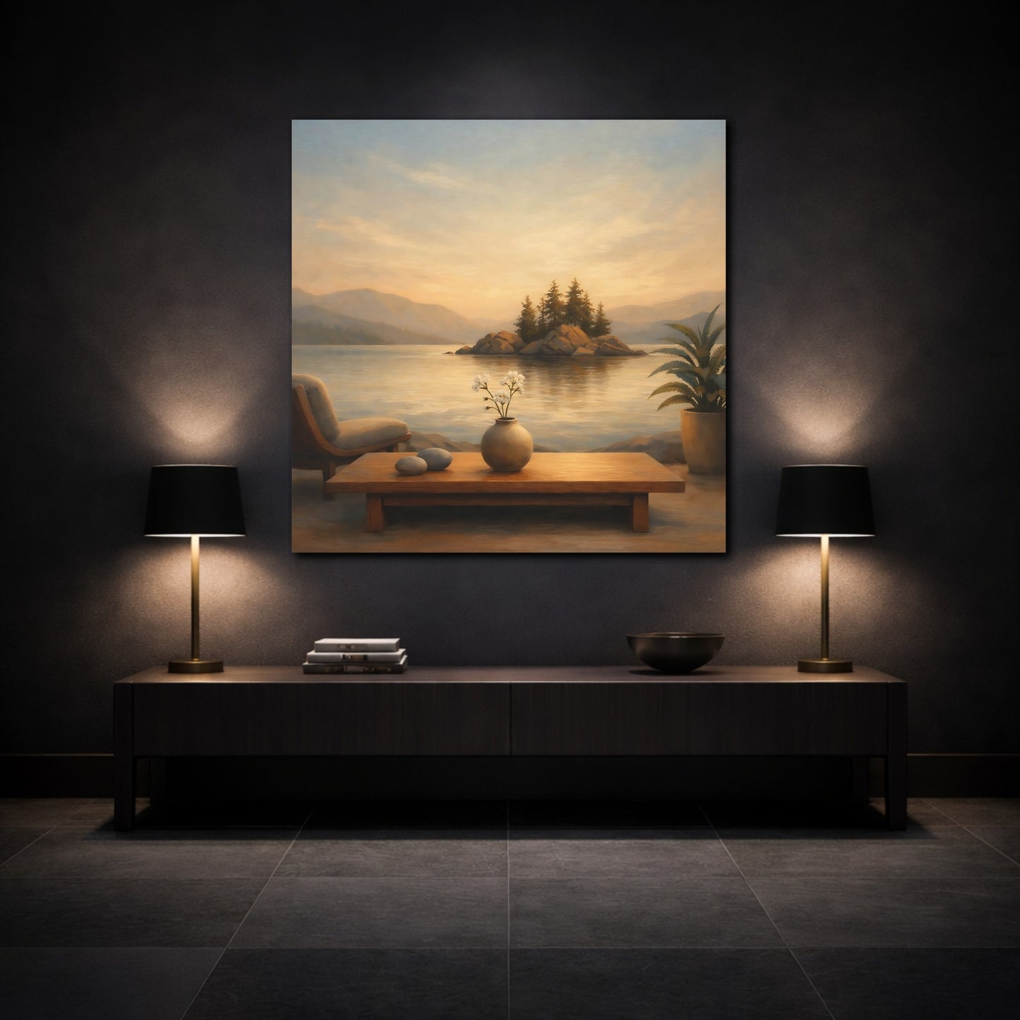 Mockup 3. Nature Lake Island Warm Lake Sunset shown as stretched canvas wall art