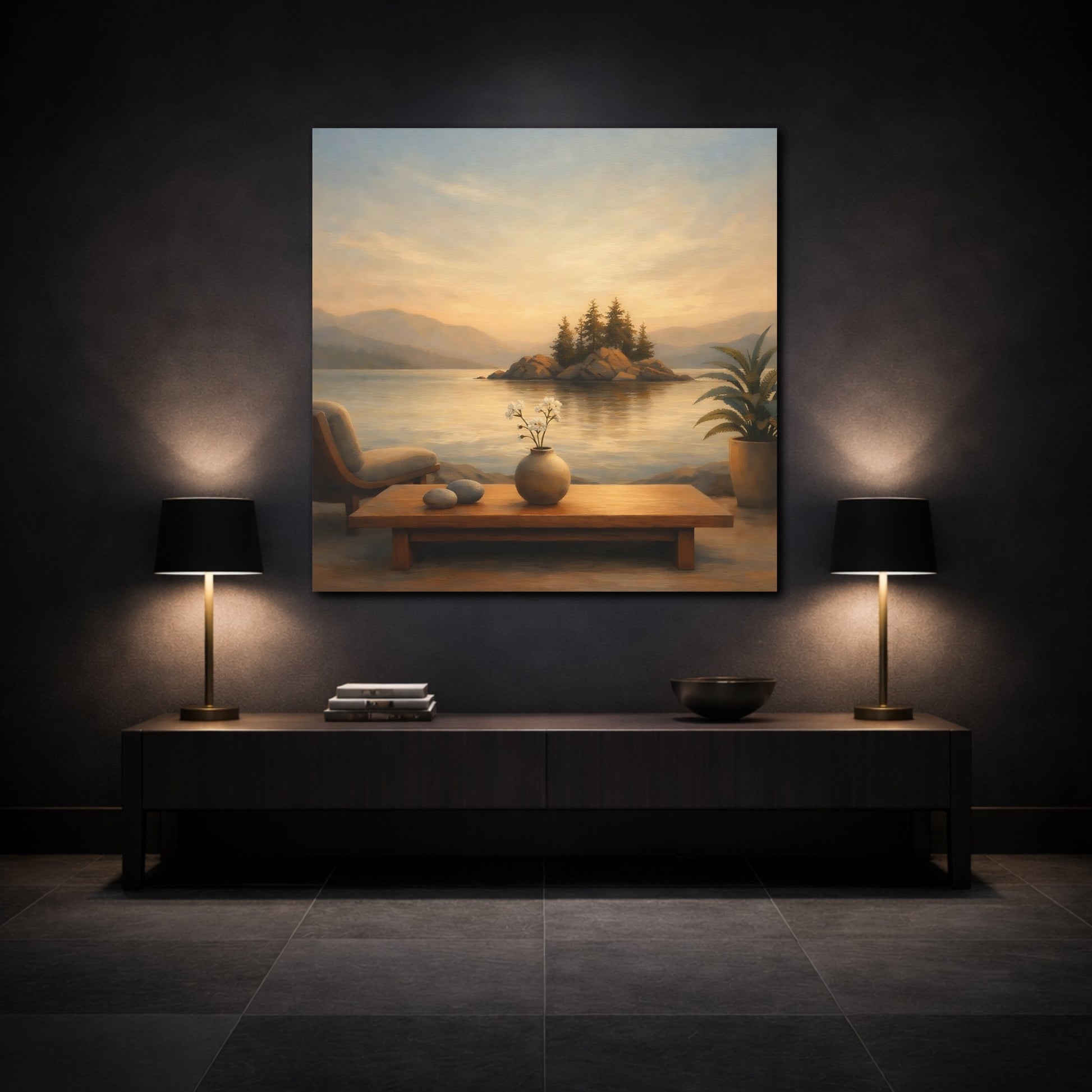 Mockup 3. Nature Lake Island Warm Lake Sunset shown as stretched canvas wall art