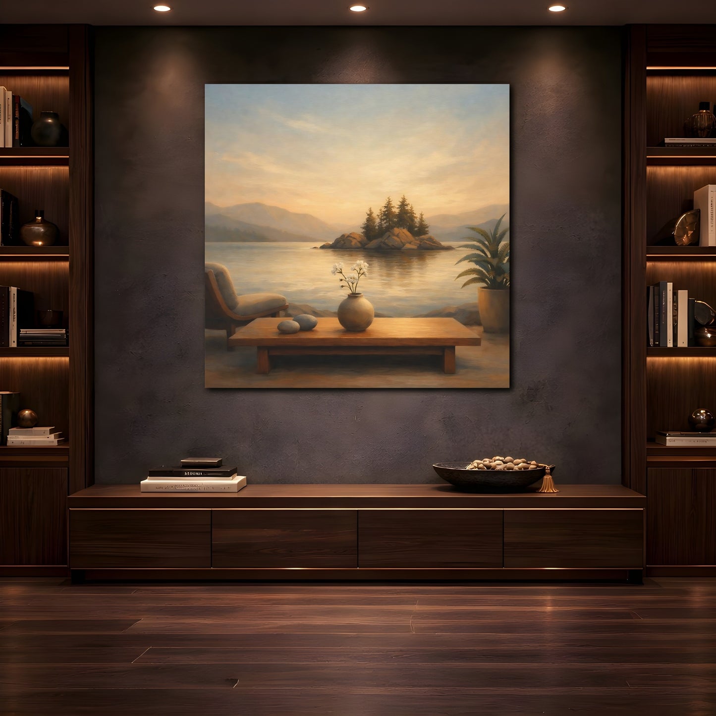 Mockup 4. Nature Lake Island Warm Lake Sunset shown as stretched canvas wall art