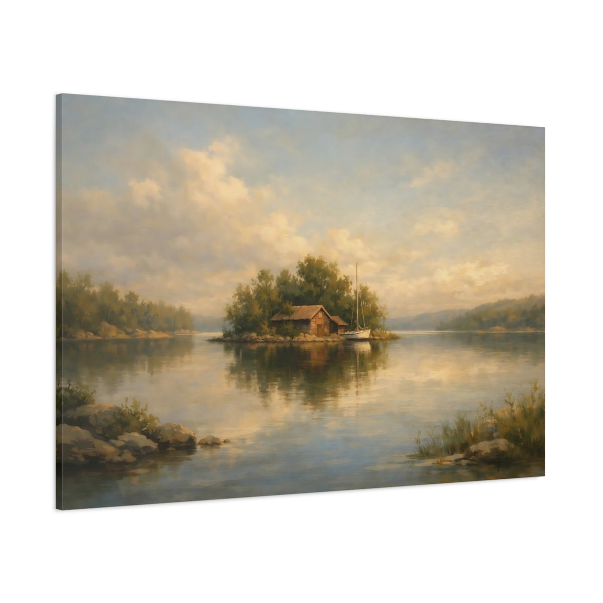Main Mockup. Nature Lake Island Warm Tones Landscape shown as stretched canvas wall art