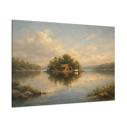 Main Mockup. Nature Lake Island Warm Tones Landscape shown as stretched canvas wall art