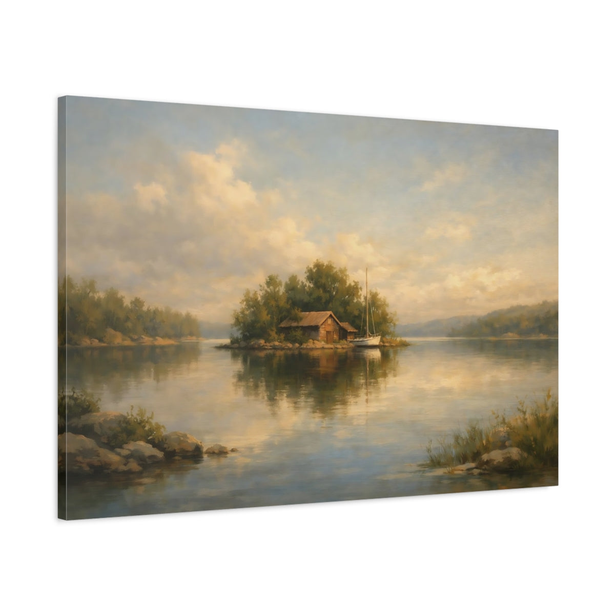 Side Mockup 1. Nature Lake Island Warm Tones Landscape shown as stretched canvas wall art