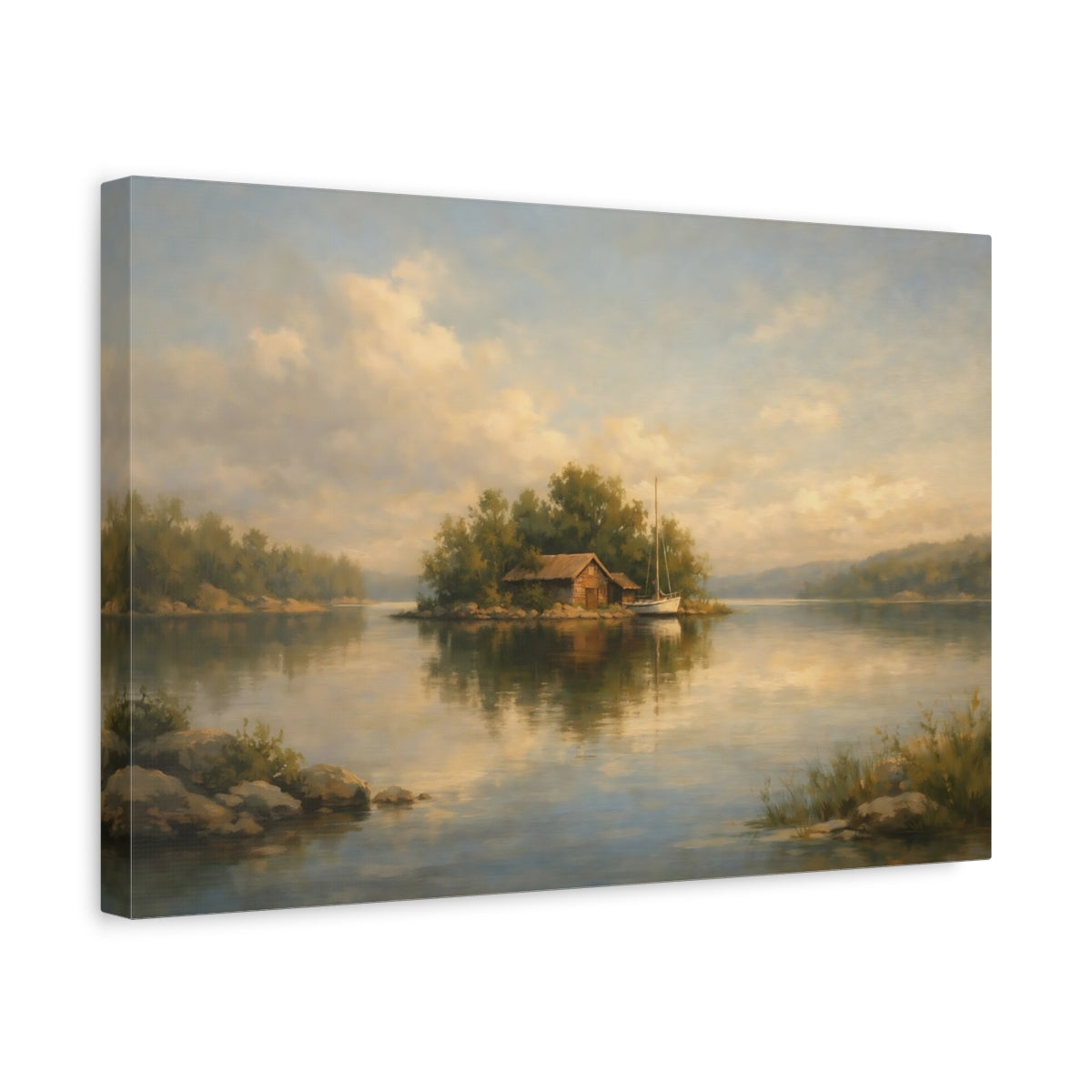 Side Mockup 4. Nature Lake Island Warm Tones Landscape shown as stretched canvas wall art