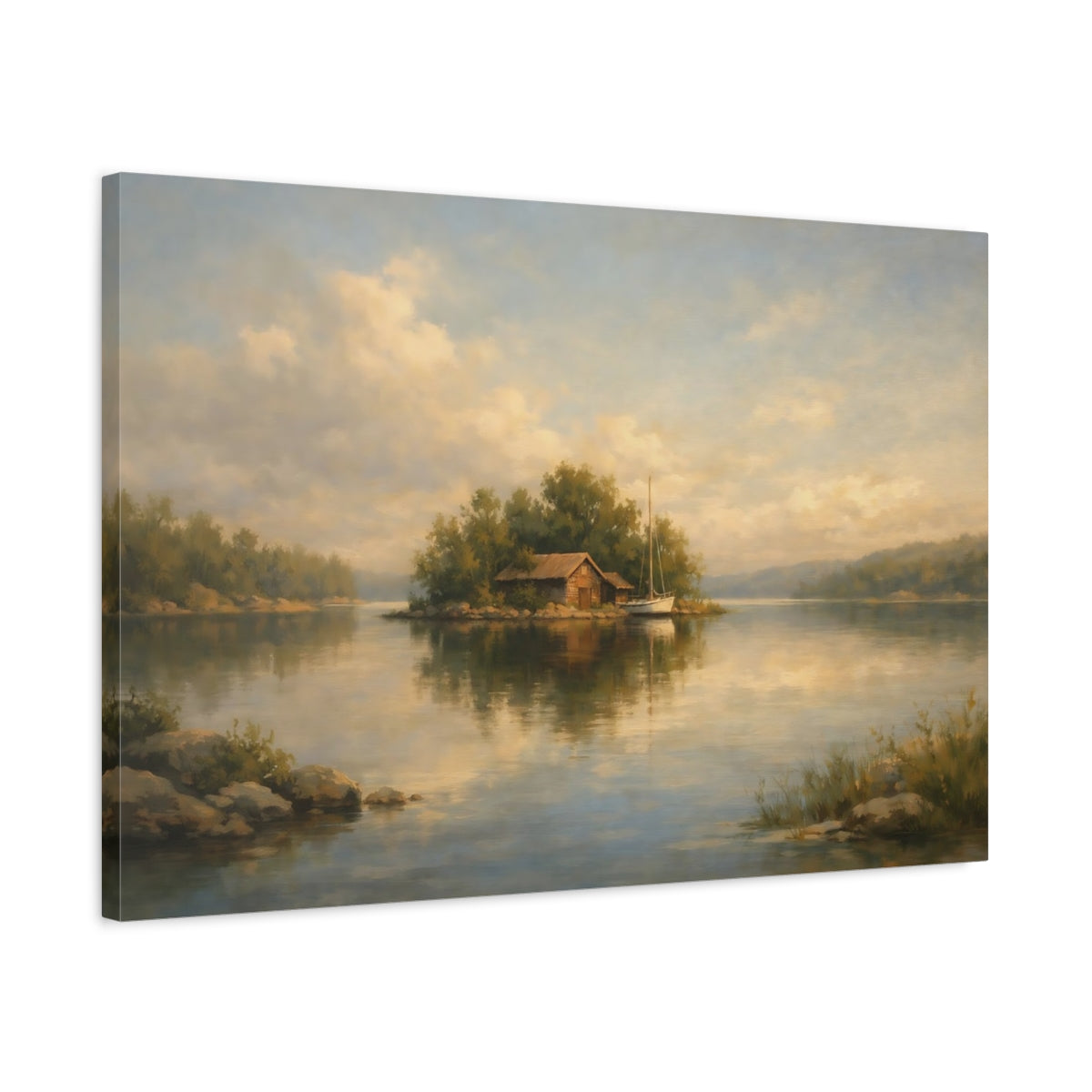 Side Mockup 2. Nature Lake Island Warm Tones Landscape shown as stretched canvas wall art