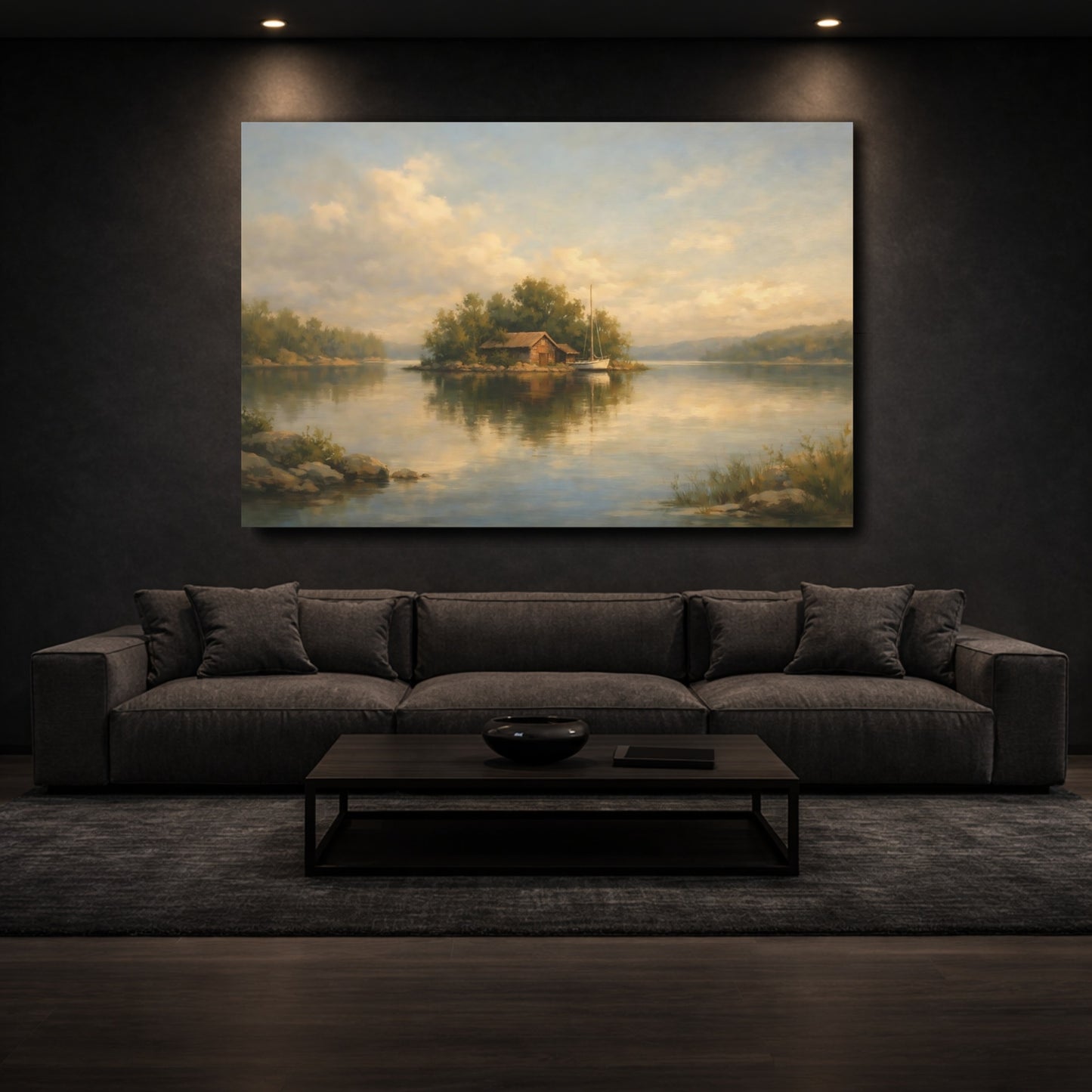 Mockup 2. Nature Lake Island Warm Tones Landscape shown as stretched canvas wall art