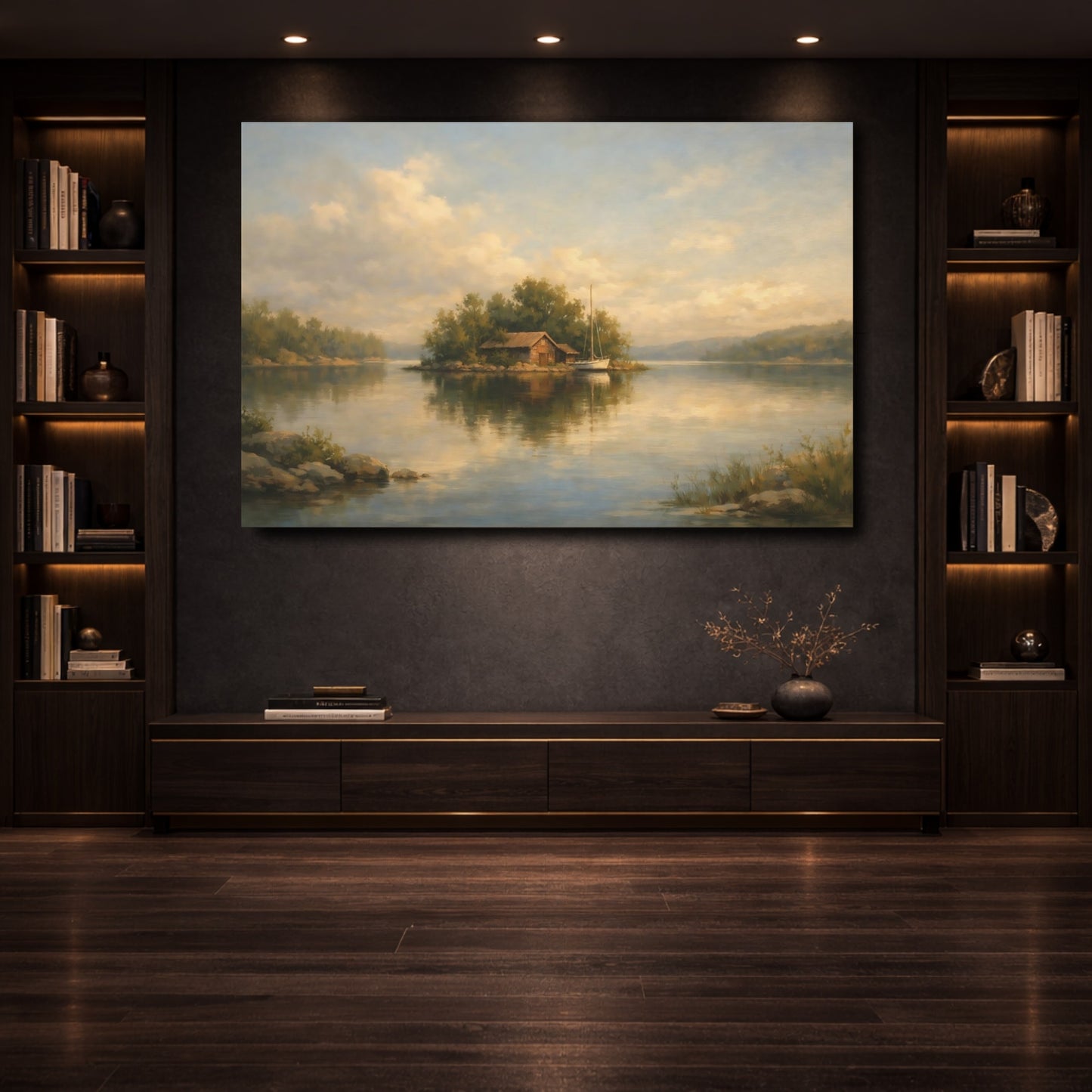 Mockup 3. Nature Lake Island Warm Tones Landscape shown as stretched canvas wall art