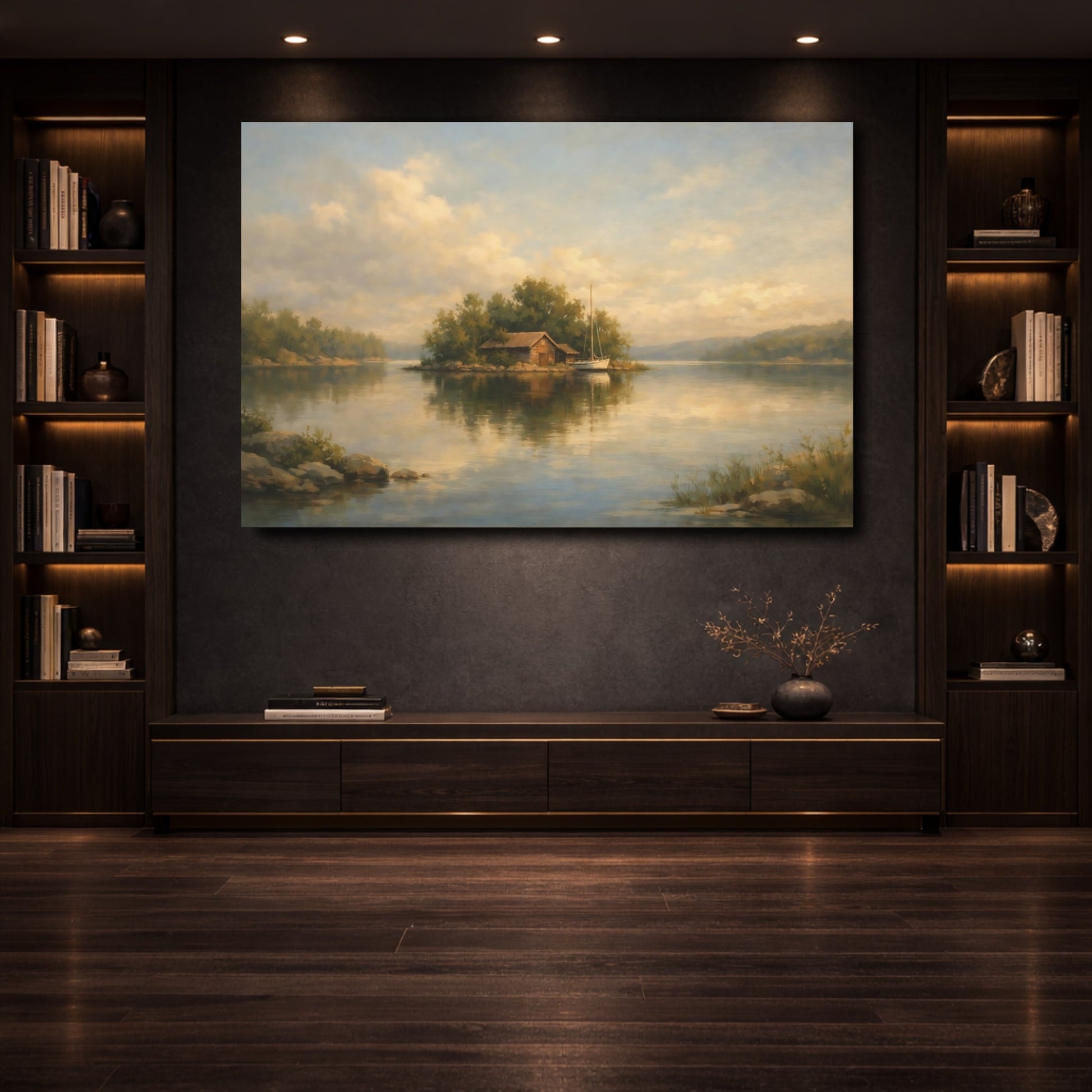 Mockup 3. Nature Lake Island Warm Tones Landscape shown as stretched canvas wall art