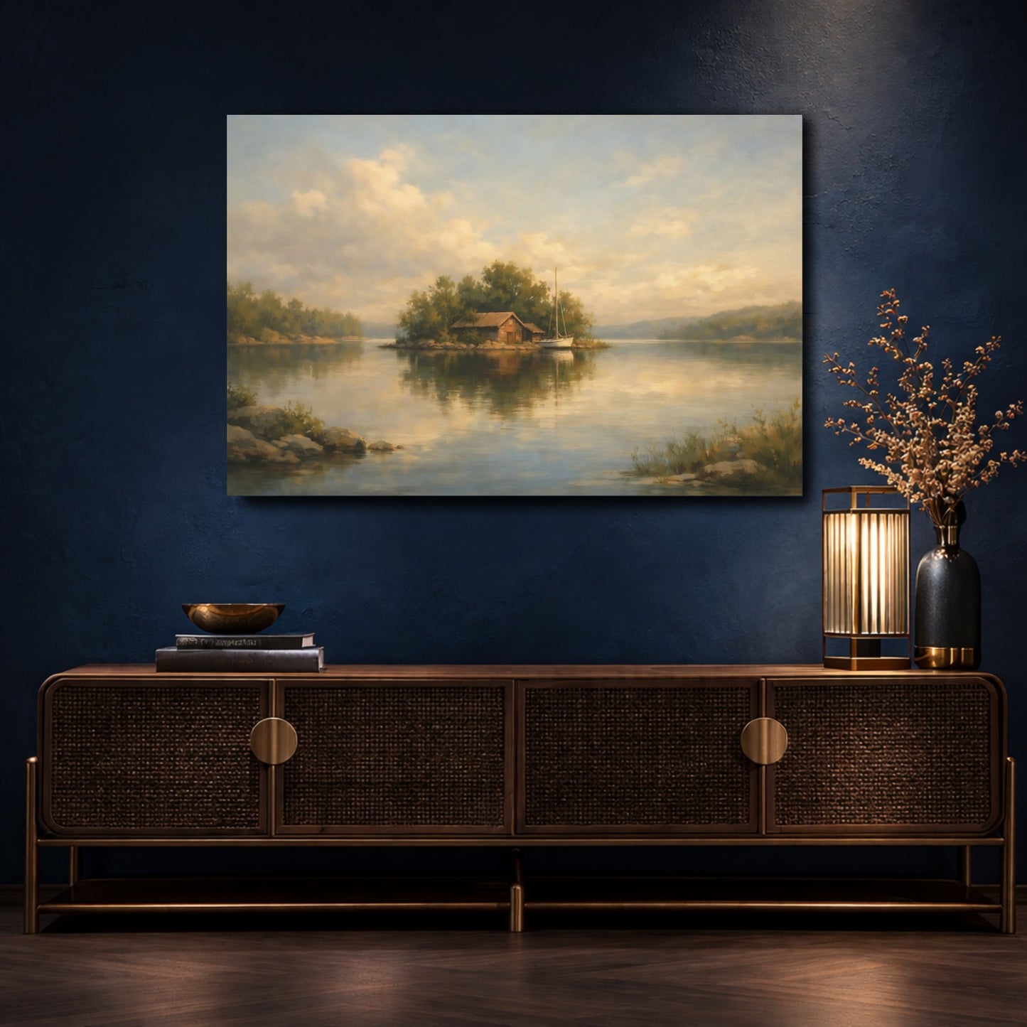 Mockup 4. Nature Lake Island Warm Tones Landscape shown as stretched canvas wall art