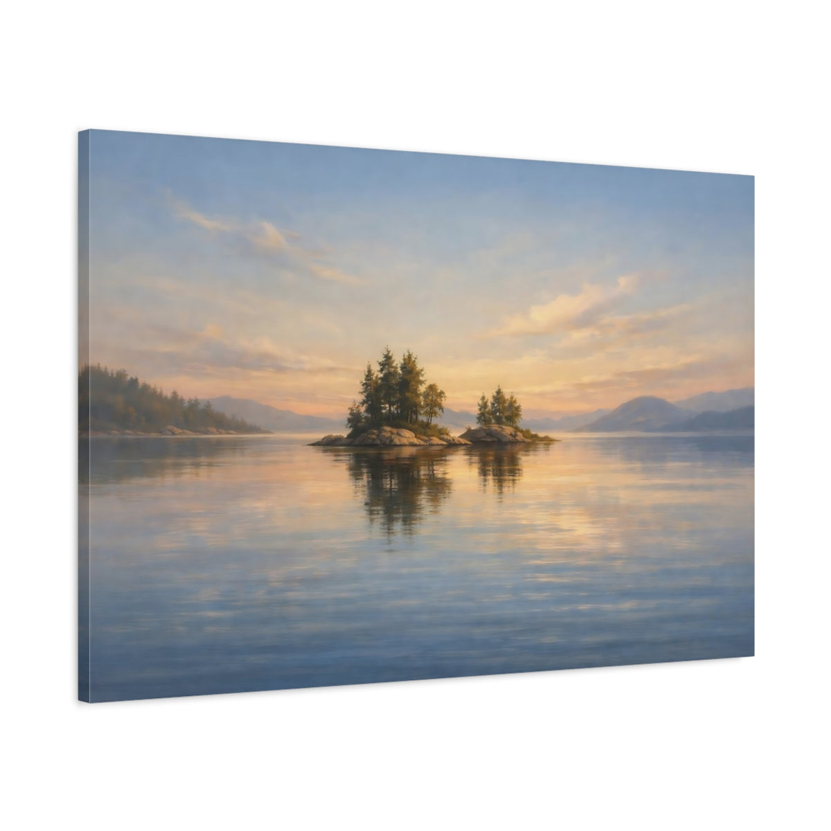 Side Mockup 1. Nature Lake Islands Sunset Lake Islands shown as stretched canvas wall art