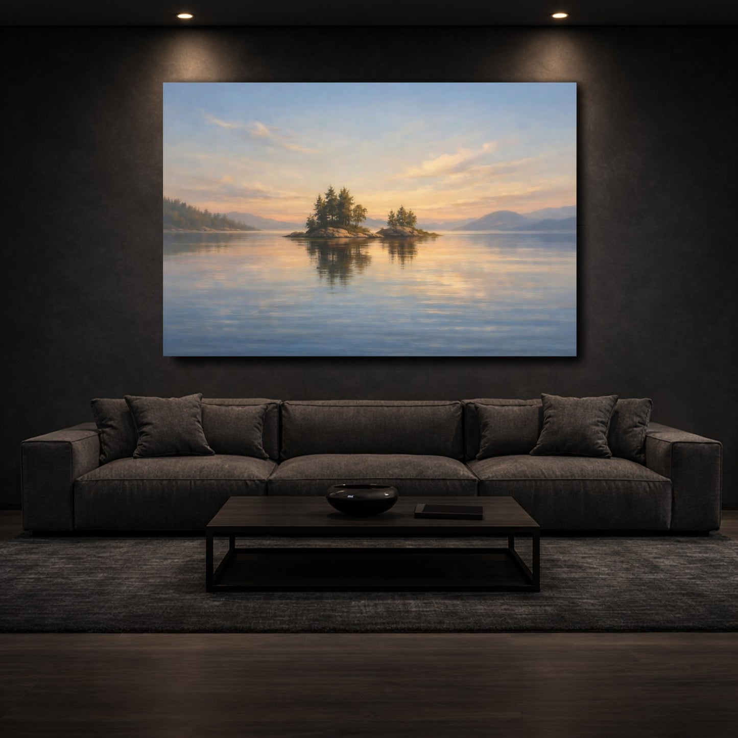 Mockup 2. Nature Lake Islands Sunset Lake Islands shown as stretched canvas wall art