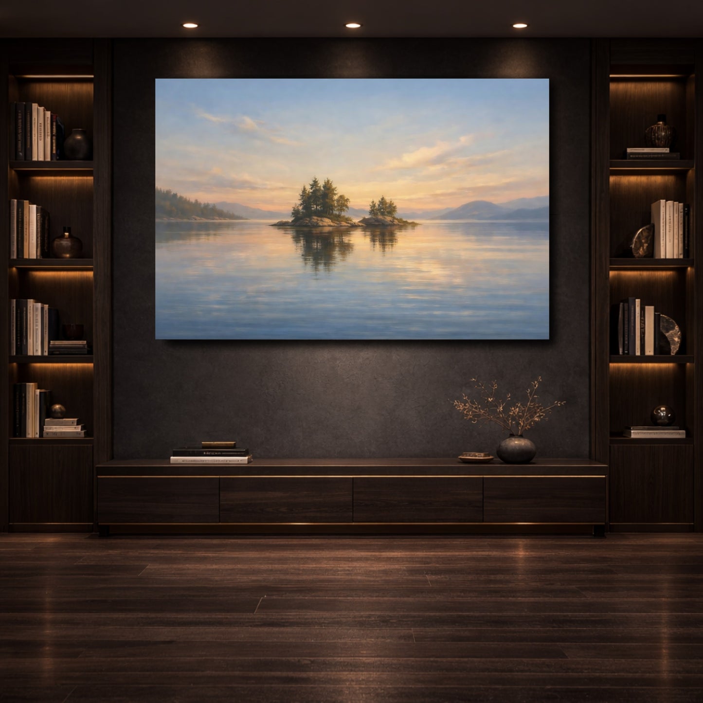 Mockup 3. Nature Lake Islands Sunset Lake Islands shown as stretched canvas wall art