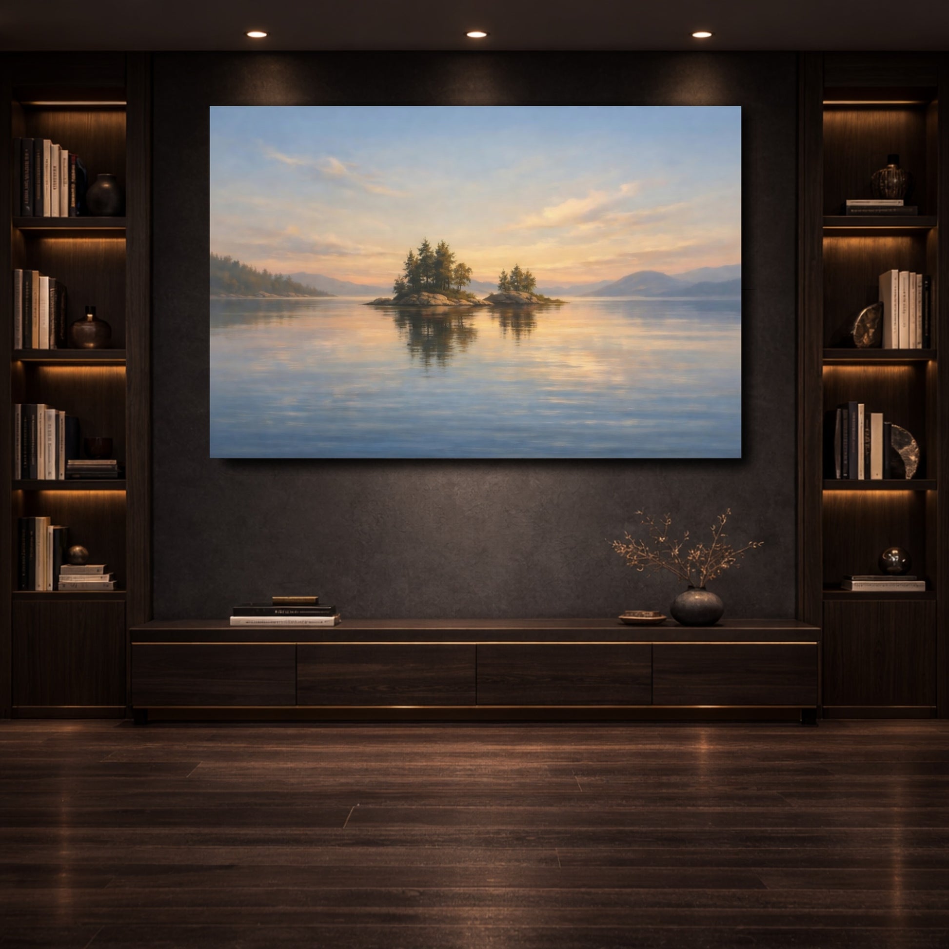 Mockup 3. Nature Lake Islands Sunset Lake Islands shown as stretched canvas wall art