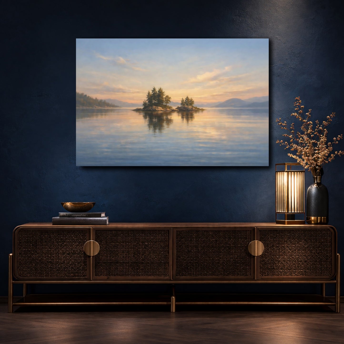 Mockup 4. Nature Lake Islands Sunset Lake Islands shown as stretched canvas wall art