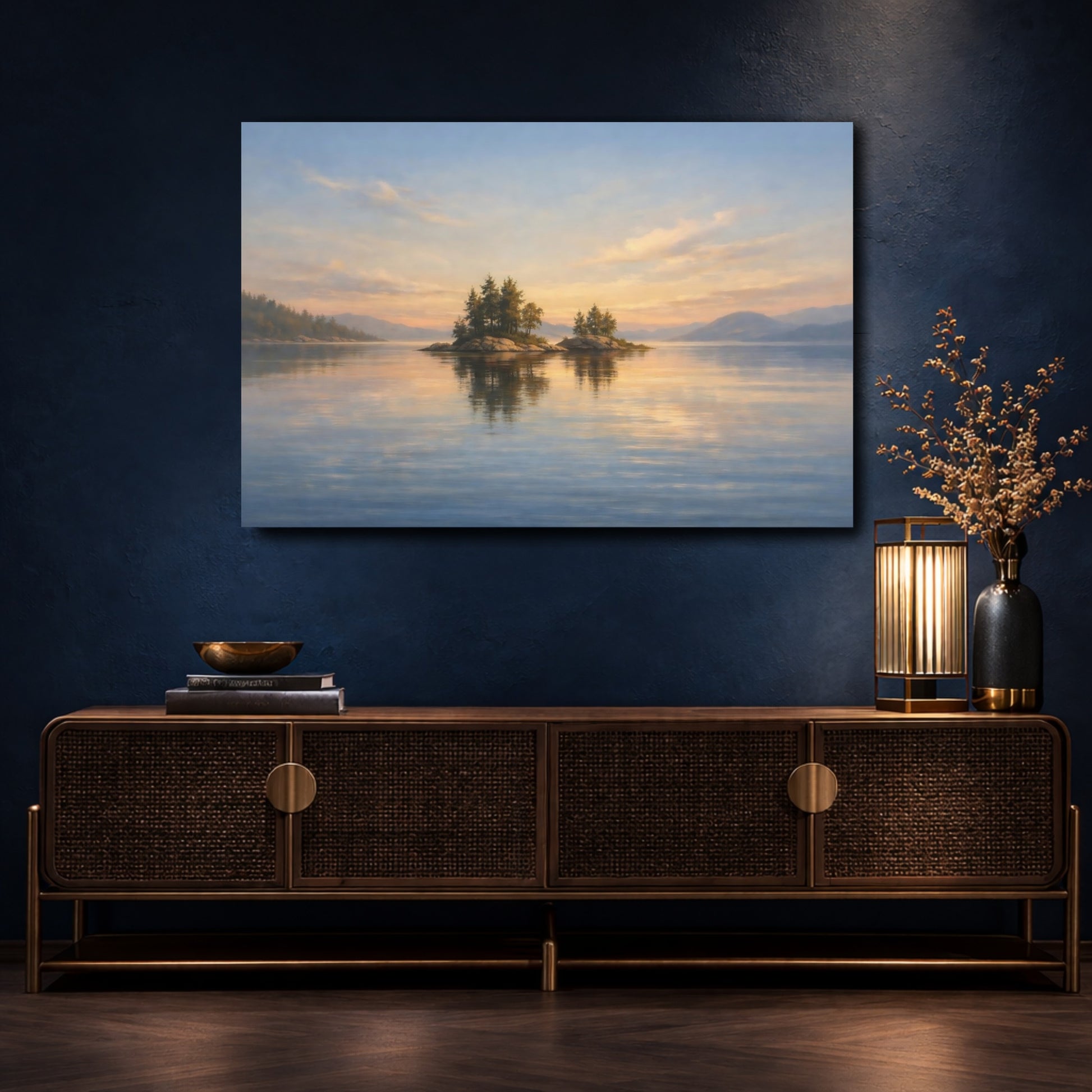 Mockup 4. Nature Lake Islands Sunset Lake Islands shown as stretched canvas wall art