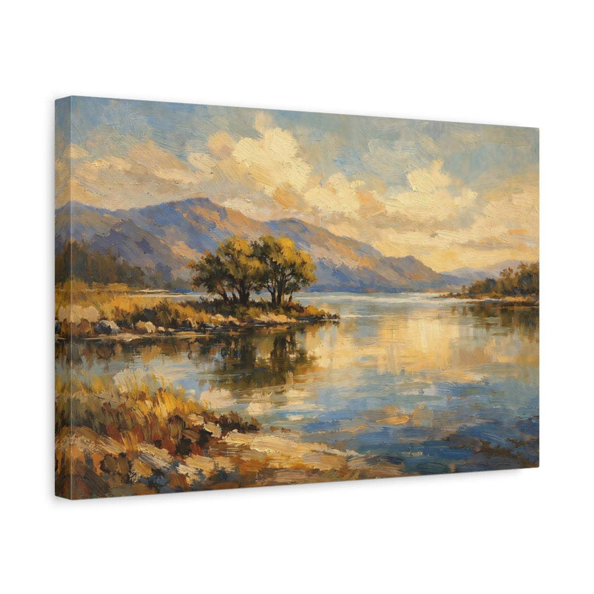 Side Mockup 4. Nature Lake Landscape Gold And Blue Landscape shown as stretched canvas wall art