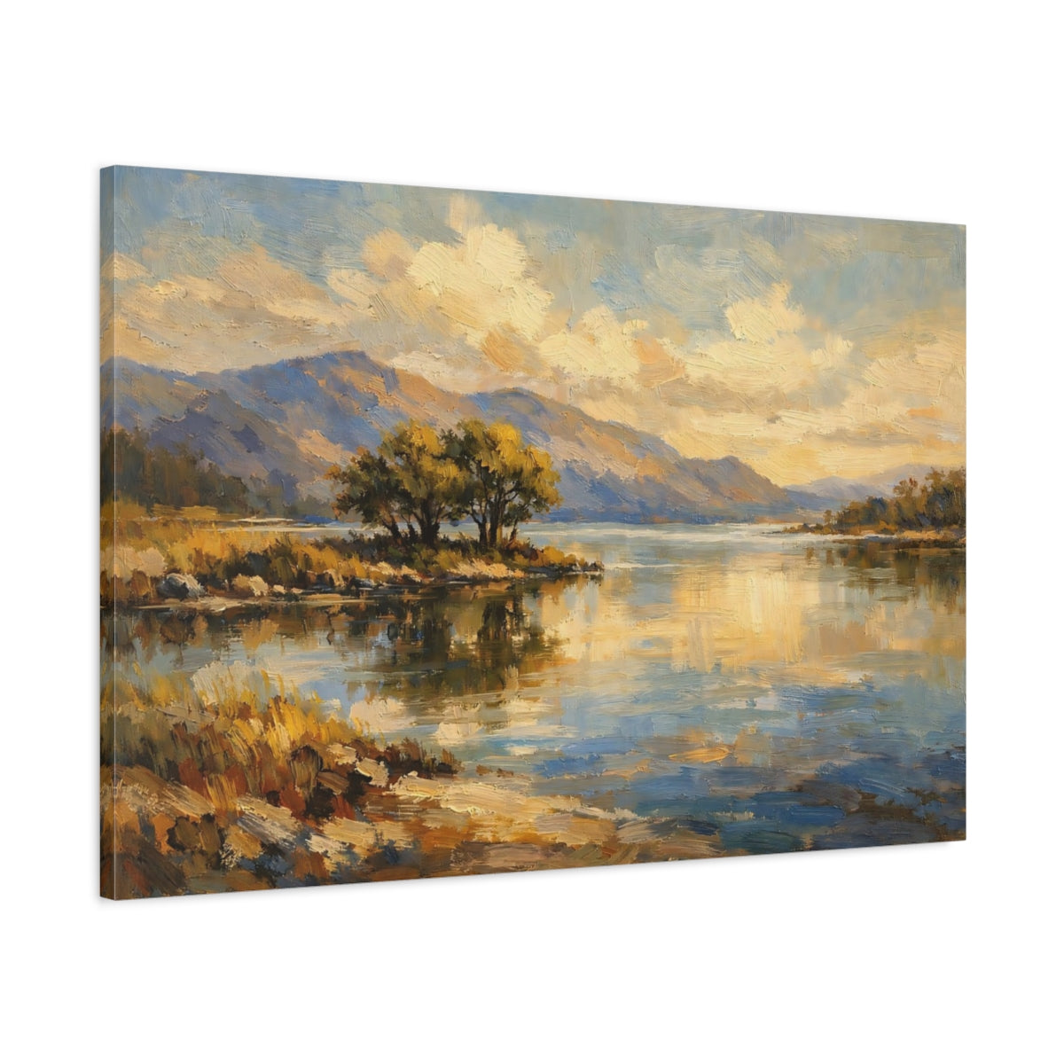 Side Mockup 1. Nature Lake Landscape Gold And Blue Landscape shown as stretched canvas wall art