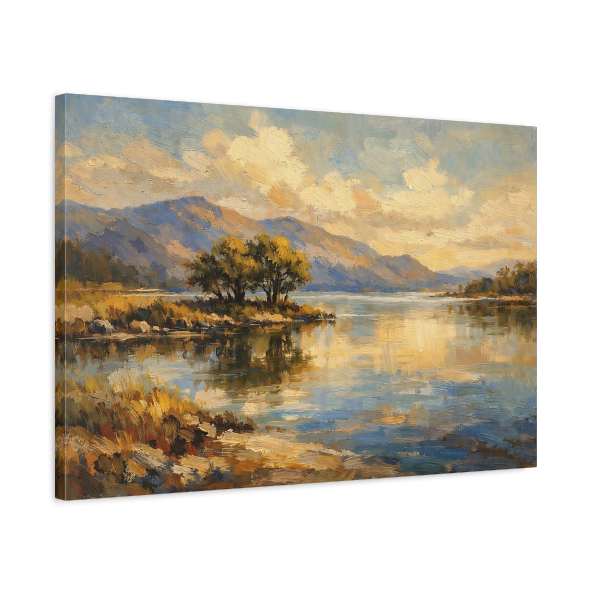 Side Mockup 2. Nature Lake Landscape Gold And Blue Landscape shown as stretched canvas wall art